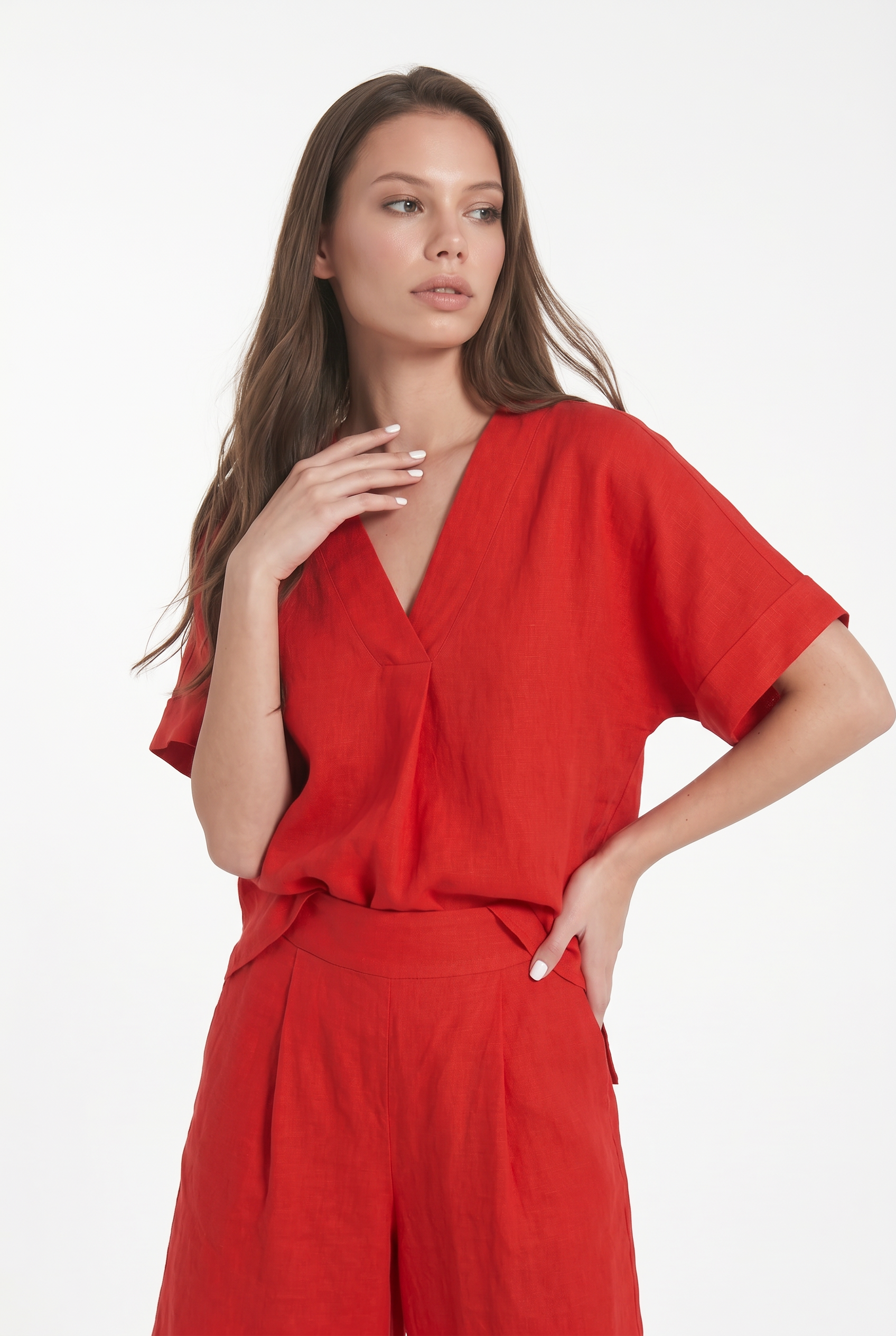 Blusa Oversize in Misto Lino con Scollo a V