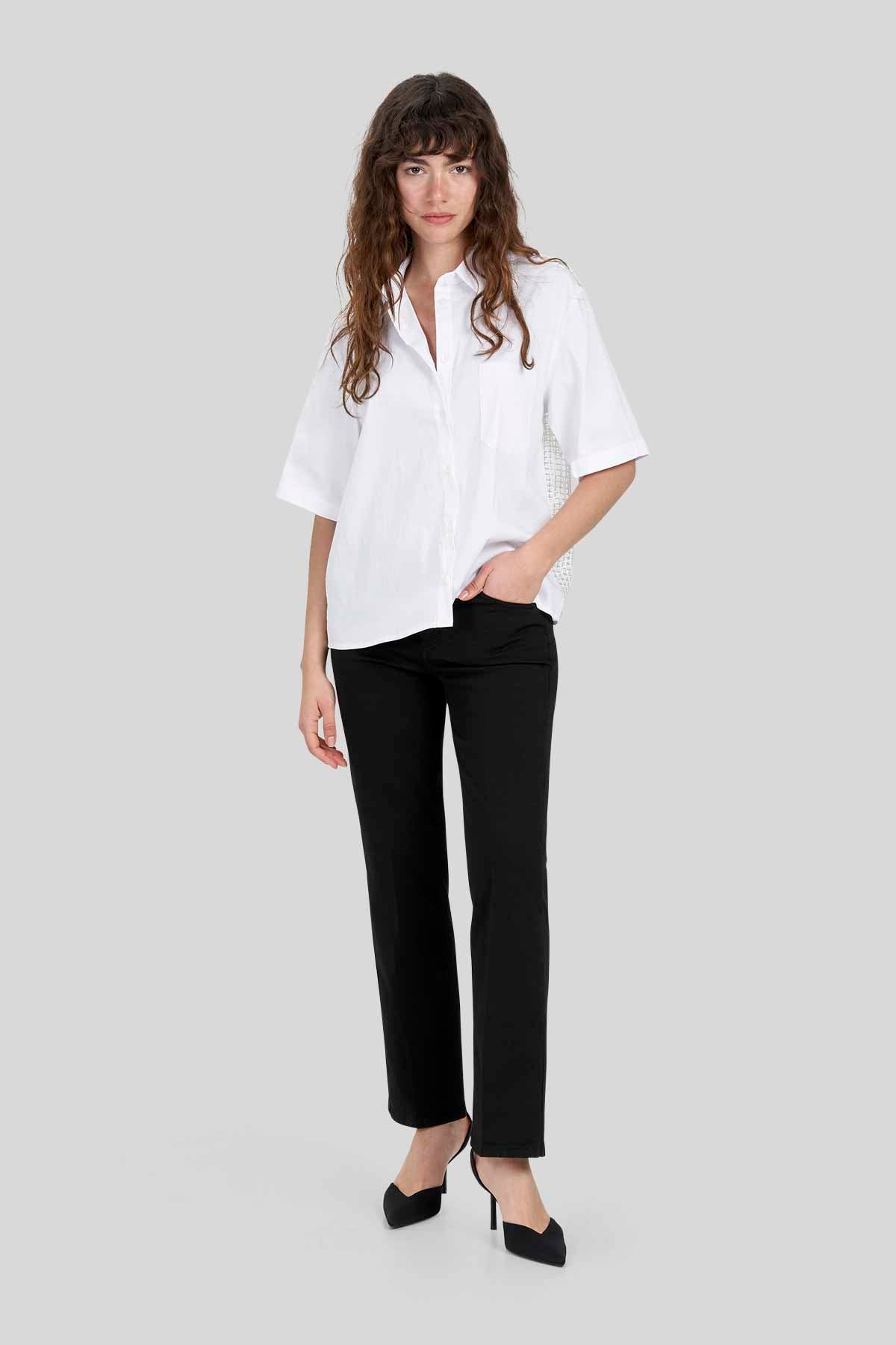 Camicia Boxy in Popeline Stretch e Organza Jacquard