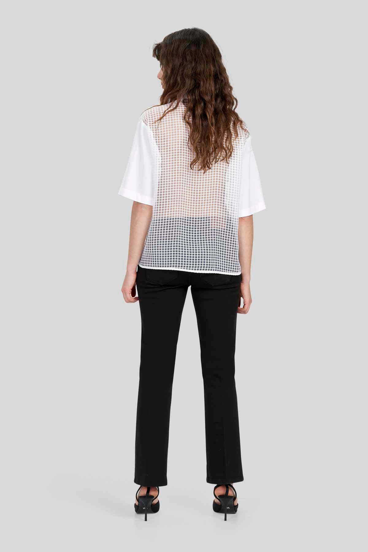 Camicia Boxy in Popeline Stretch e Organza Jacquard