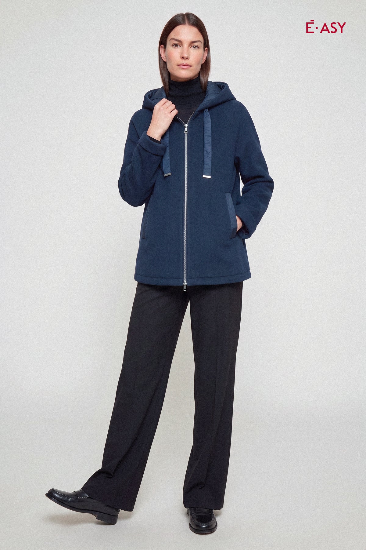 Giaccone in panno con cappuccio e zip