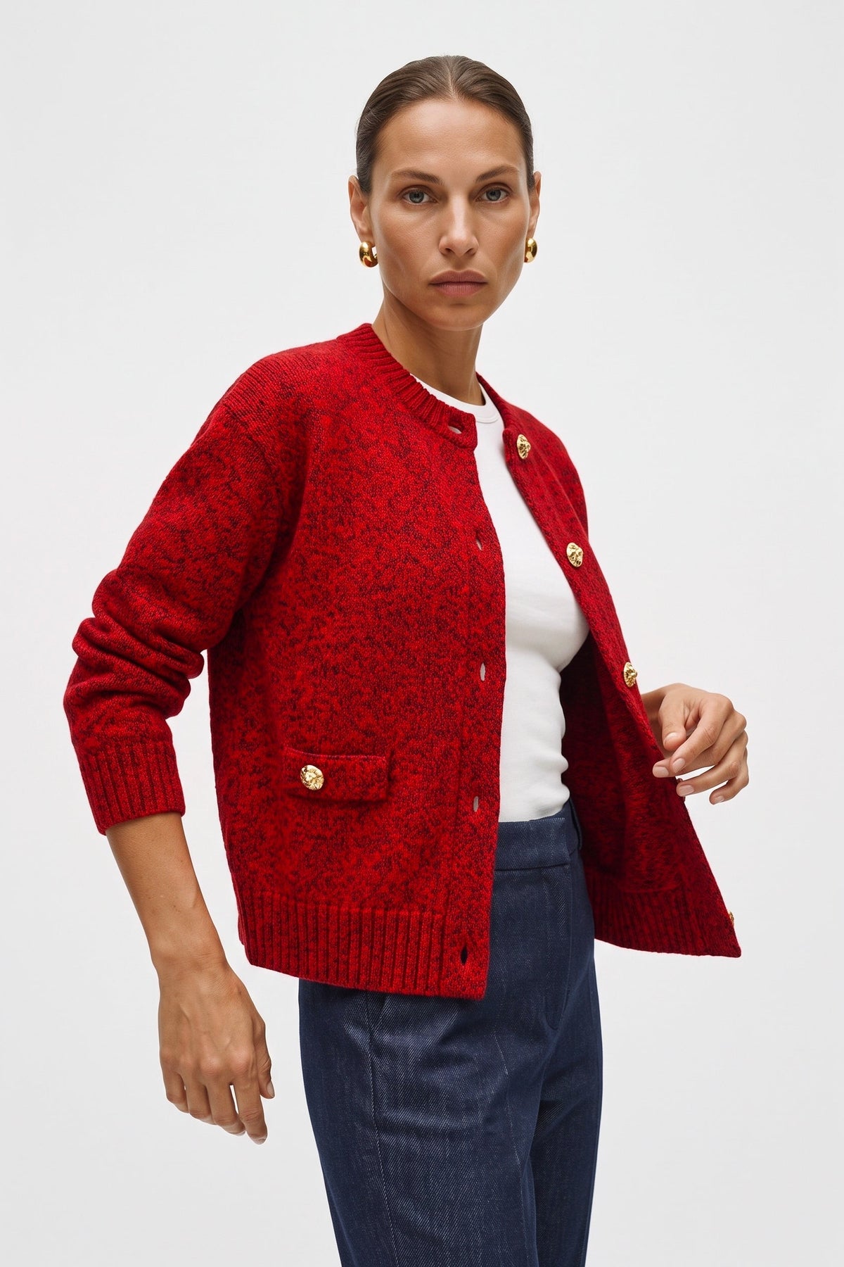 Cardigan Girocollo In Lana Cachemere Mouline'