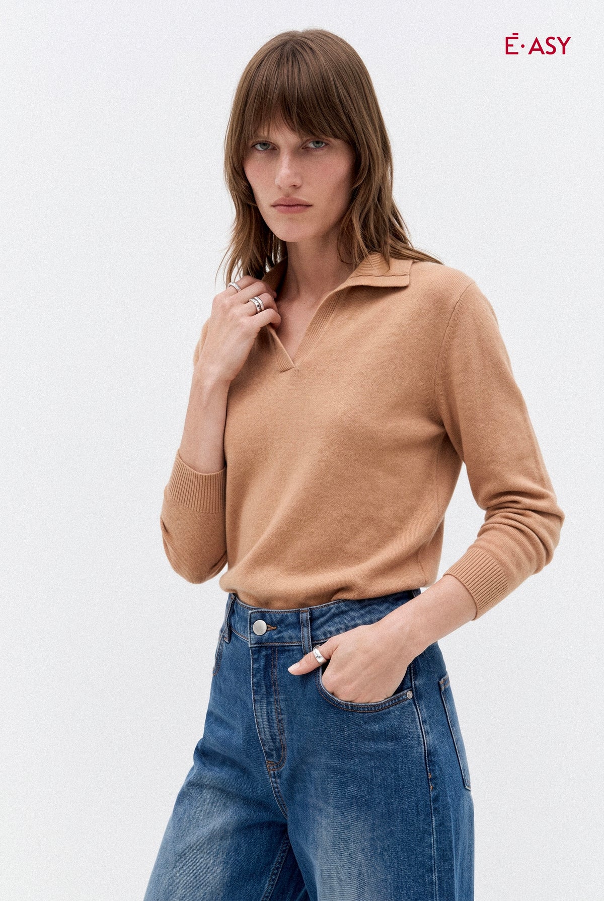 Maglia Polo Donna in Maglia Fine con Collo Aperto