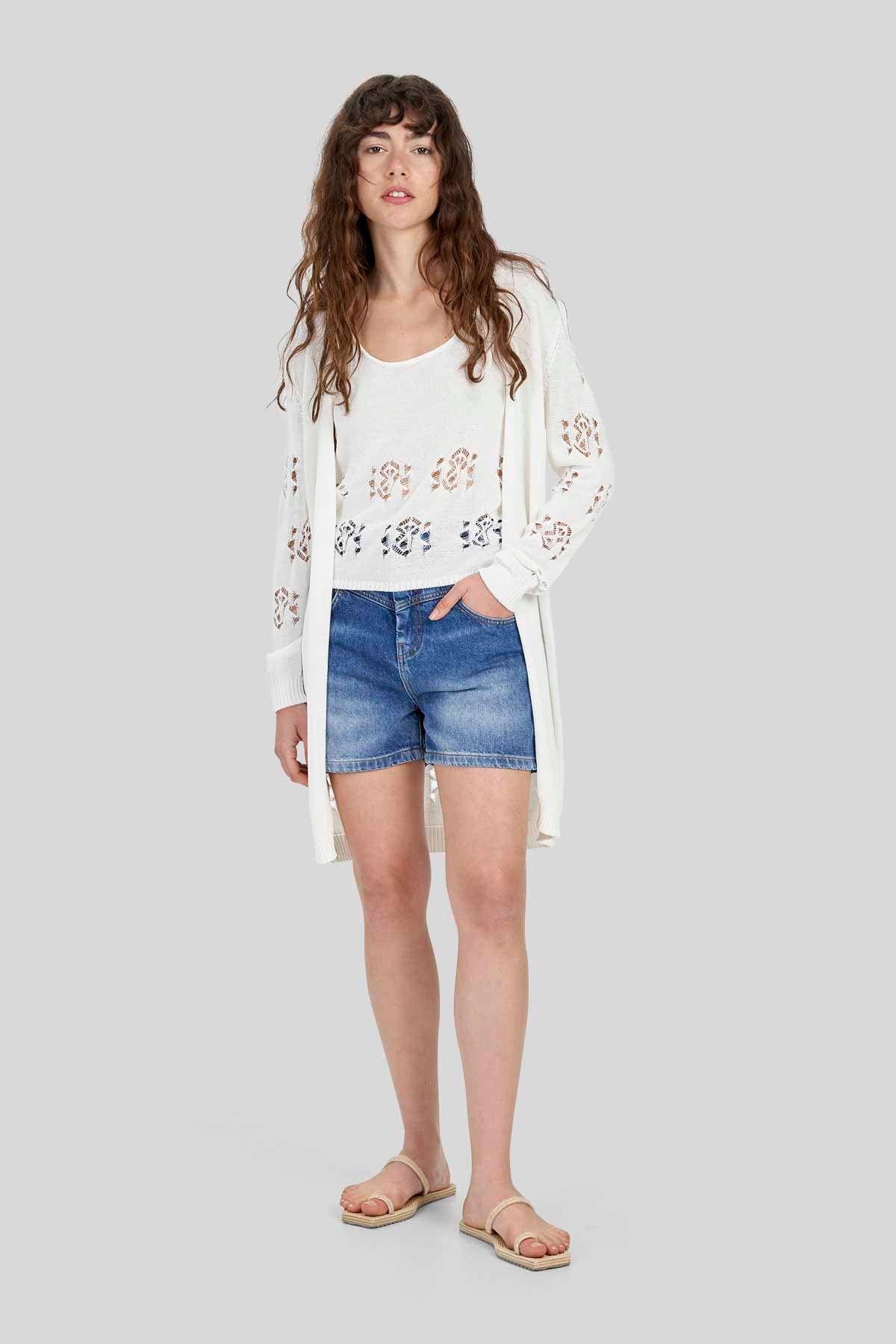 Cardigan lungo in misto cotone con dettagli traforati