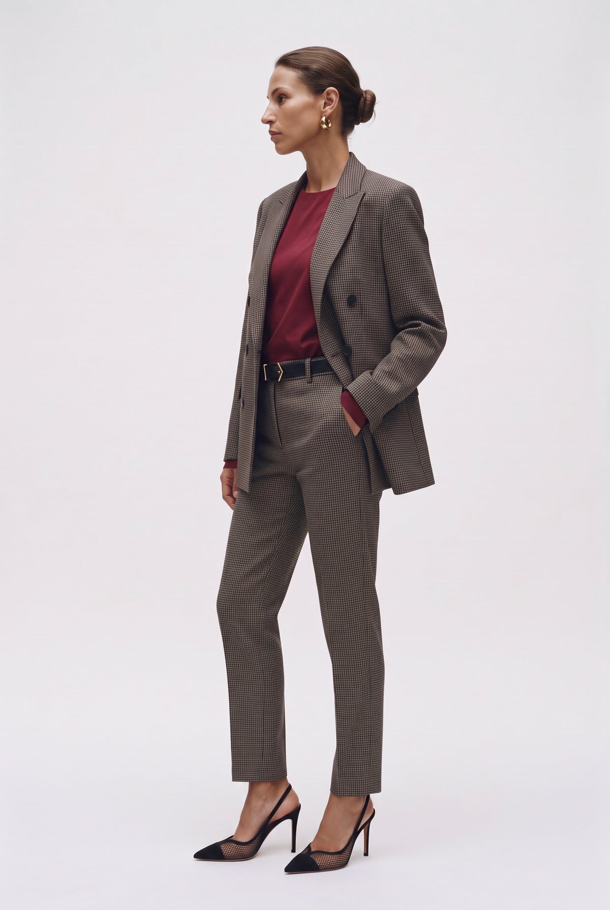 Tailleur in tela stretch fantasia blazer doppiopetto collo a lancia e pantalone a sigaretta - Caractère