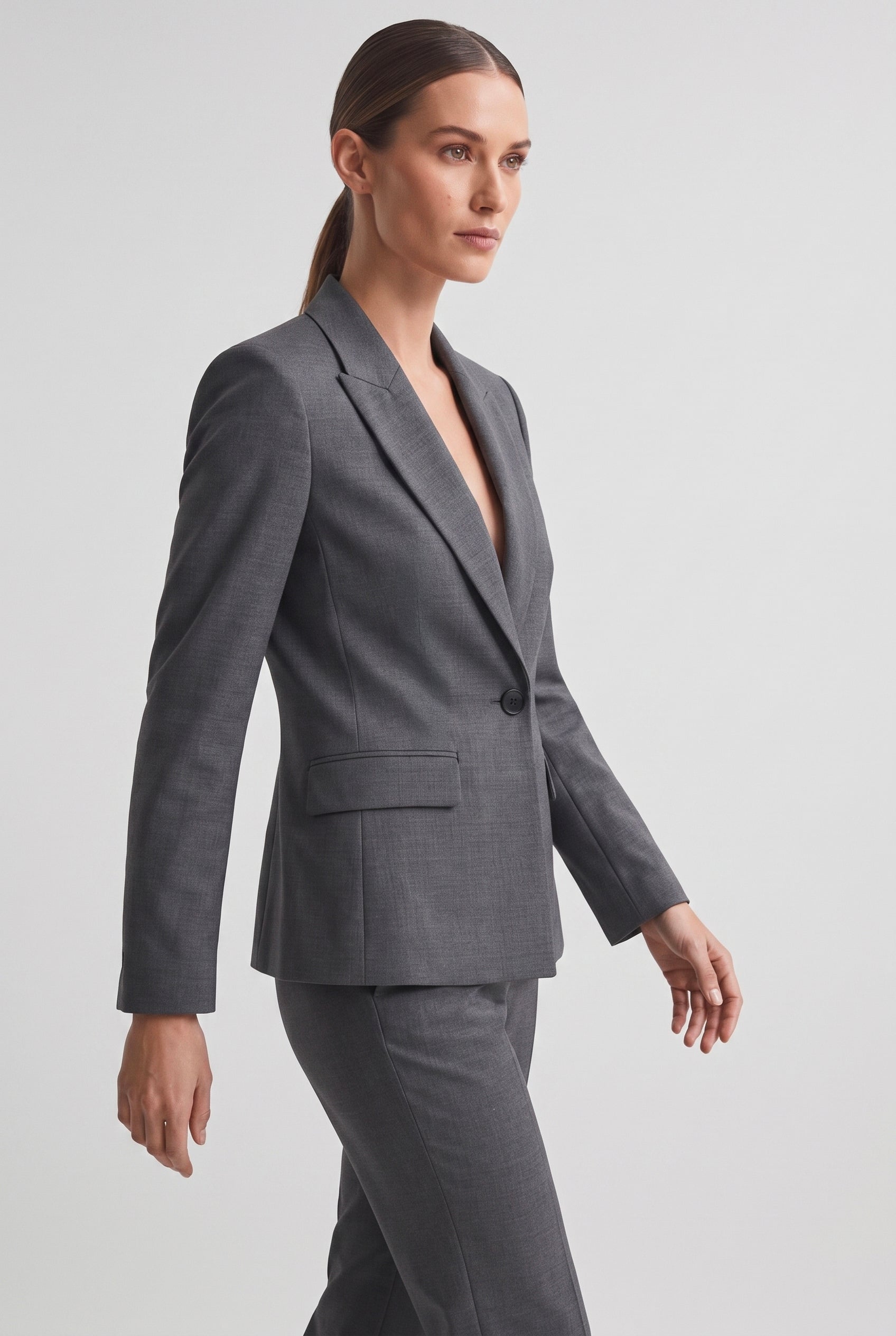 Tailleur in Tela Stretch Giacca Monopetto e Pantalone a Gamba Ampia Grigio