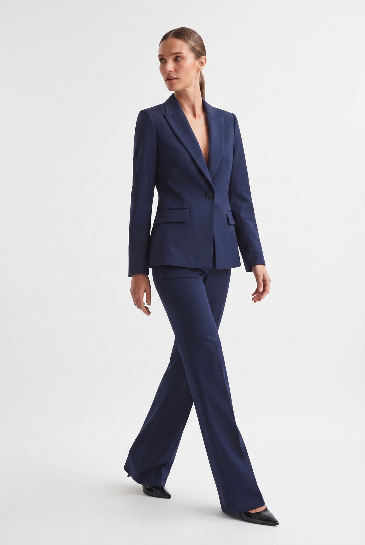 Tailleur in Tela Stretch Giacca Monopetto e Pantalone a Gamba Ampia Blu