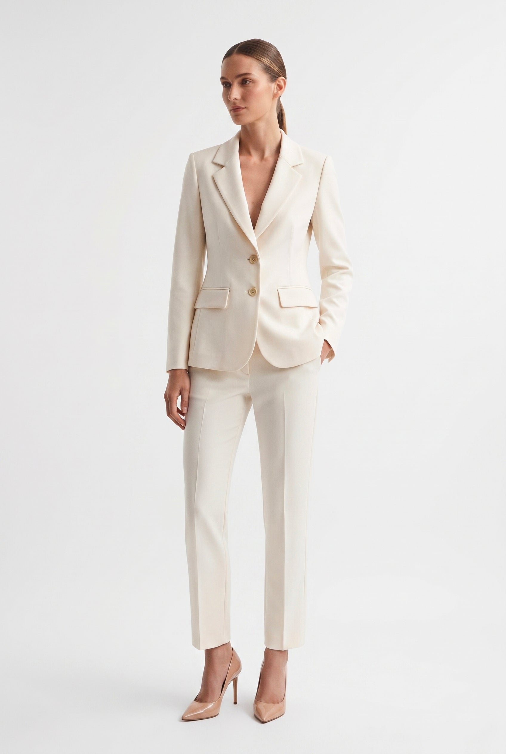 Tailleur Punto Milano Giacca Monopetto e Pantalone a Sigaretta Latte