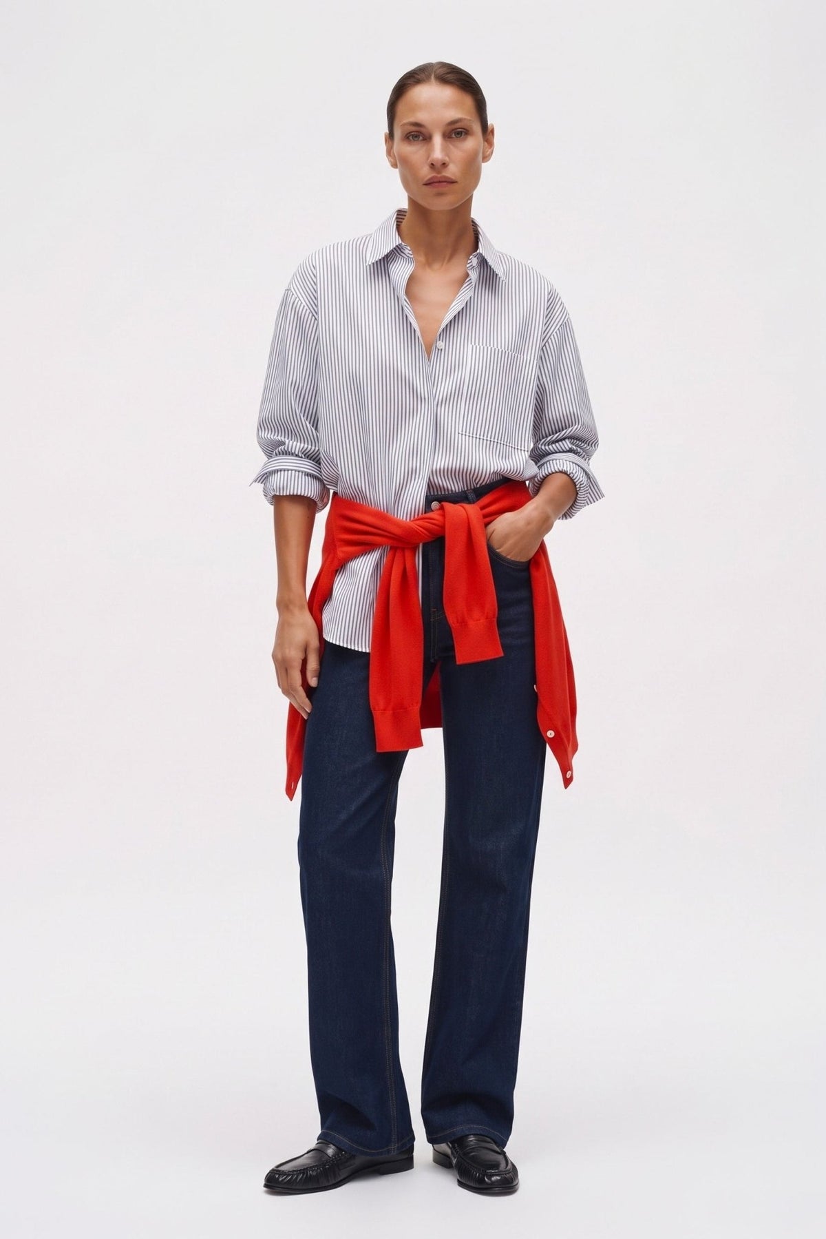 Camicia Classica Dritta in Cotone Con Taschino A Righe - Caractère