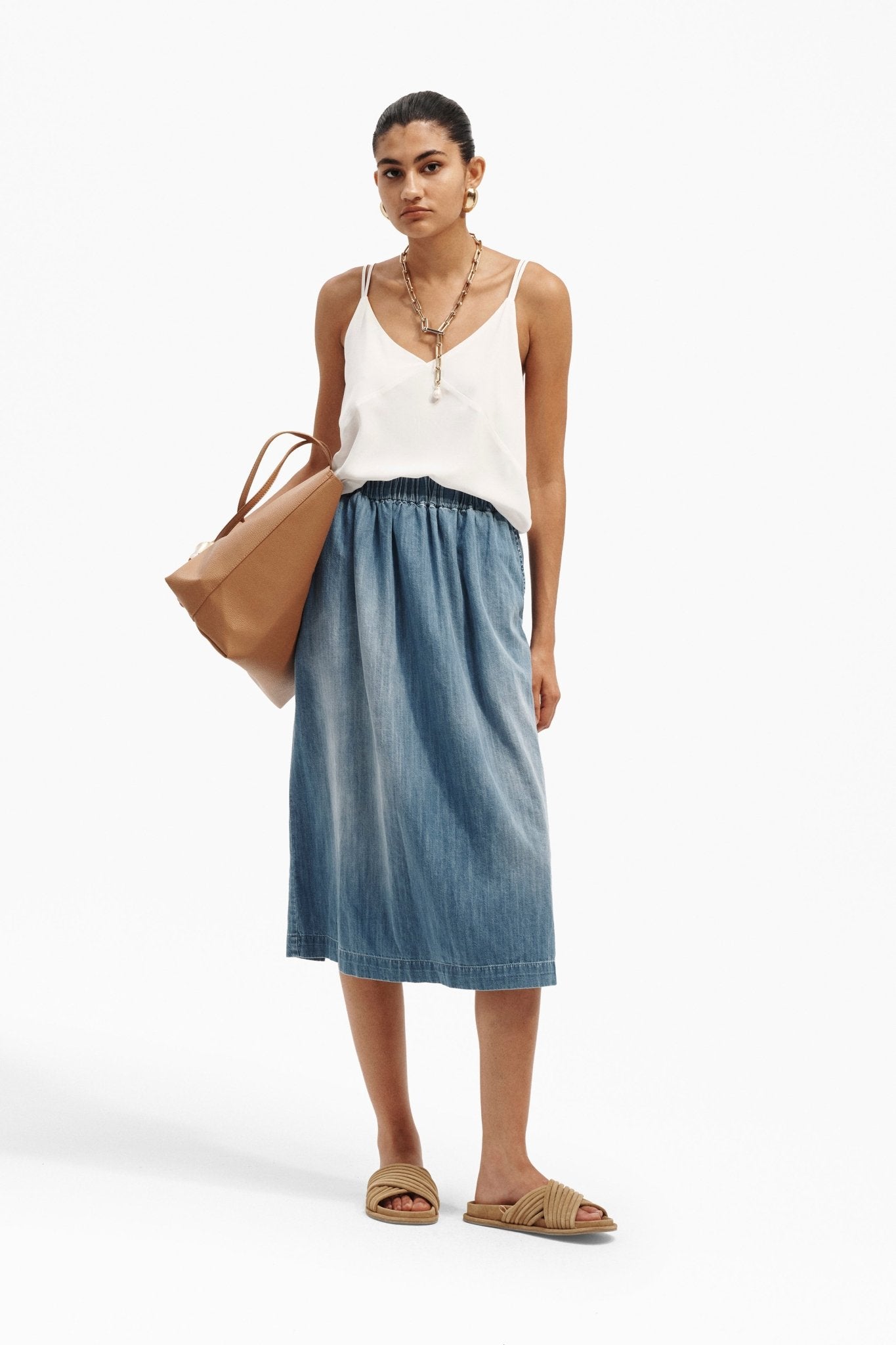 Gonna Midi in Denim Lavato - Caractère