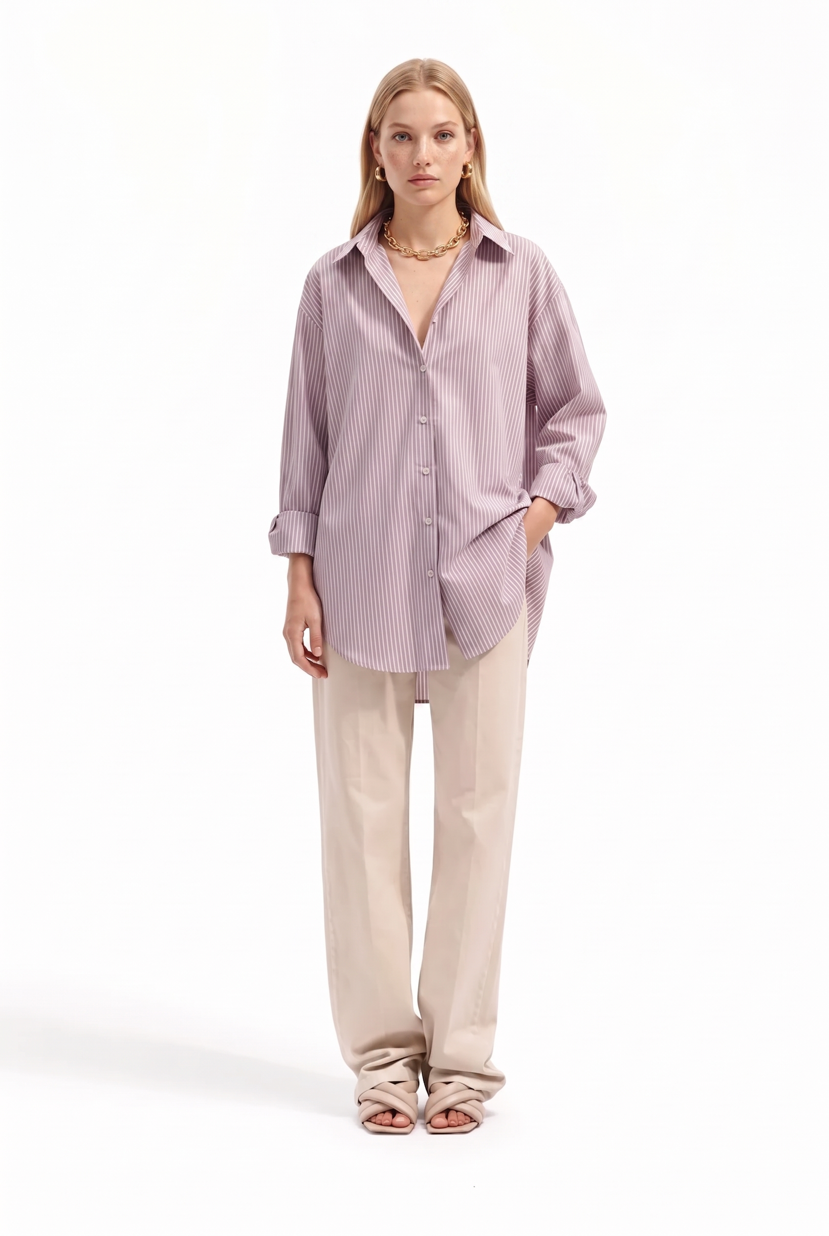 Camicia Donna Oversize a Righe – Colletto Classico Stile Essenziale