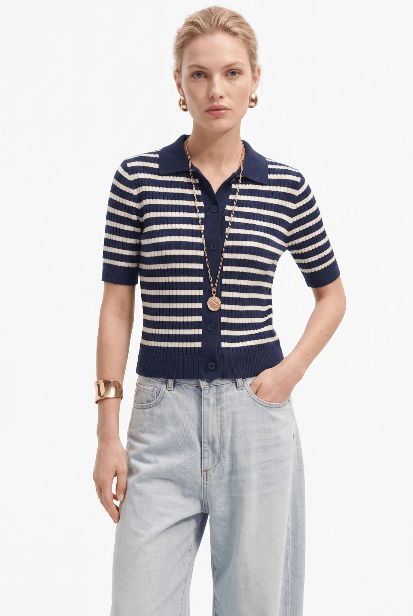 Maglia Donna Polo a Righe in Viscosa a Costine con Bottoni – Senza Tempo - Caractère