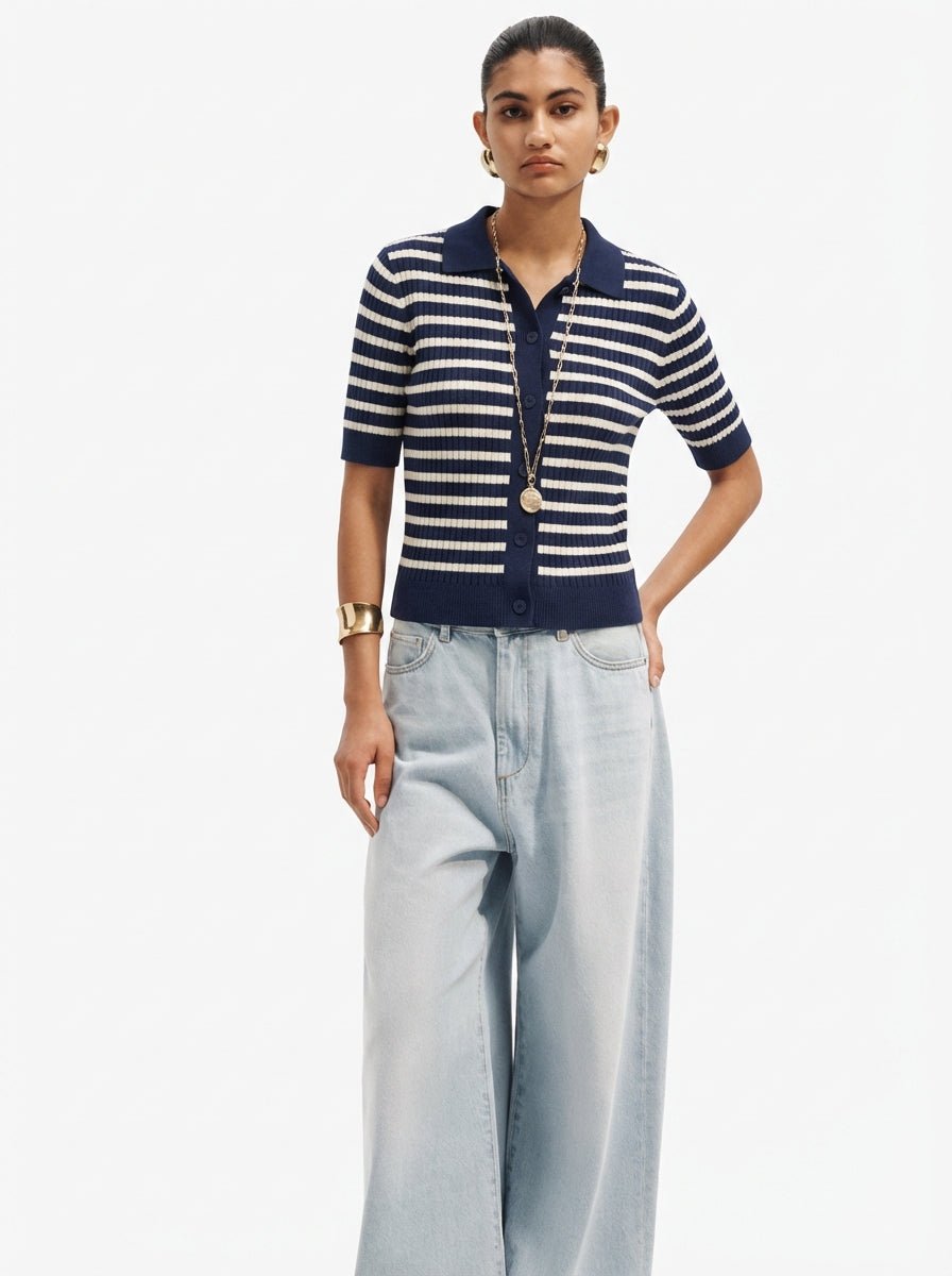 Maglia Polo a Righe in Viscosa a Costine con Bottoni - Caractère