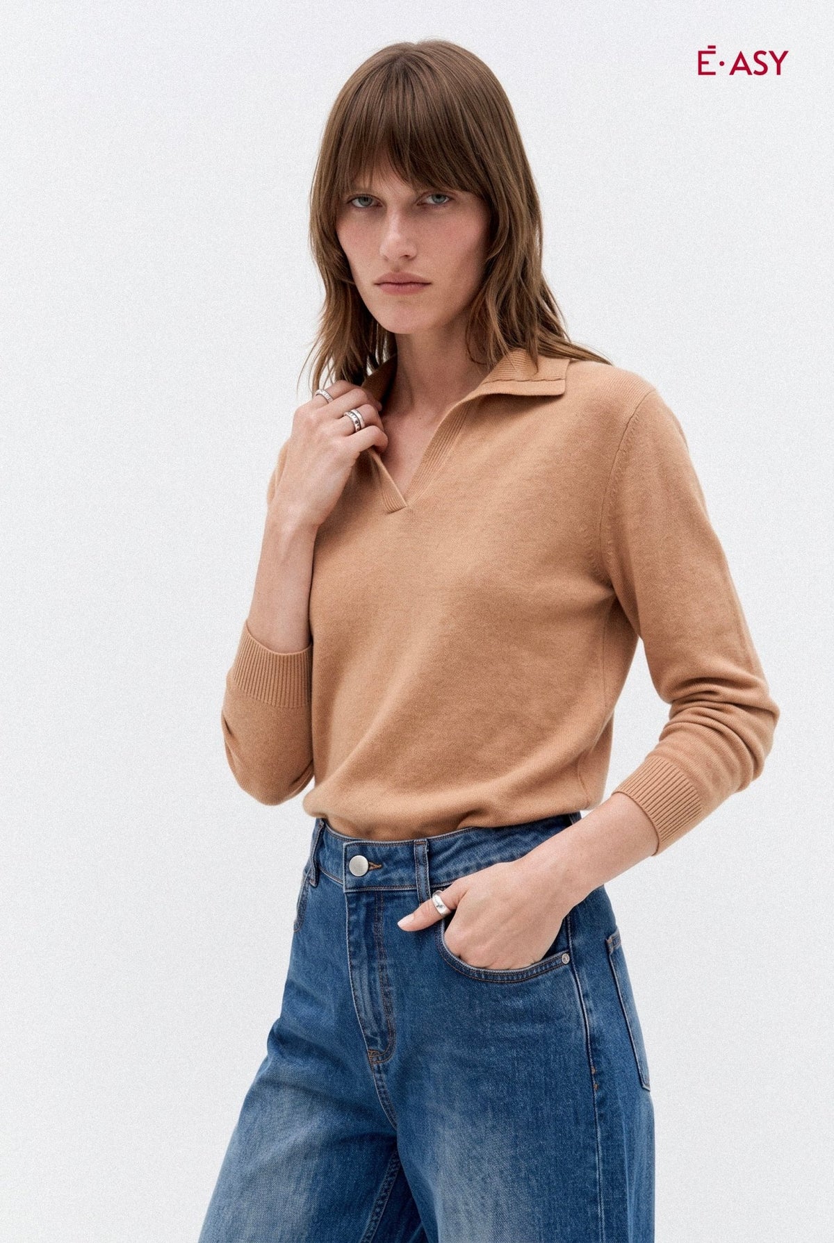 Maglia Polo Donna in Maglia Fine con Collo Aperto - Caractère