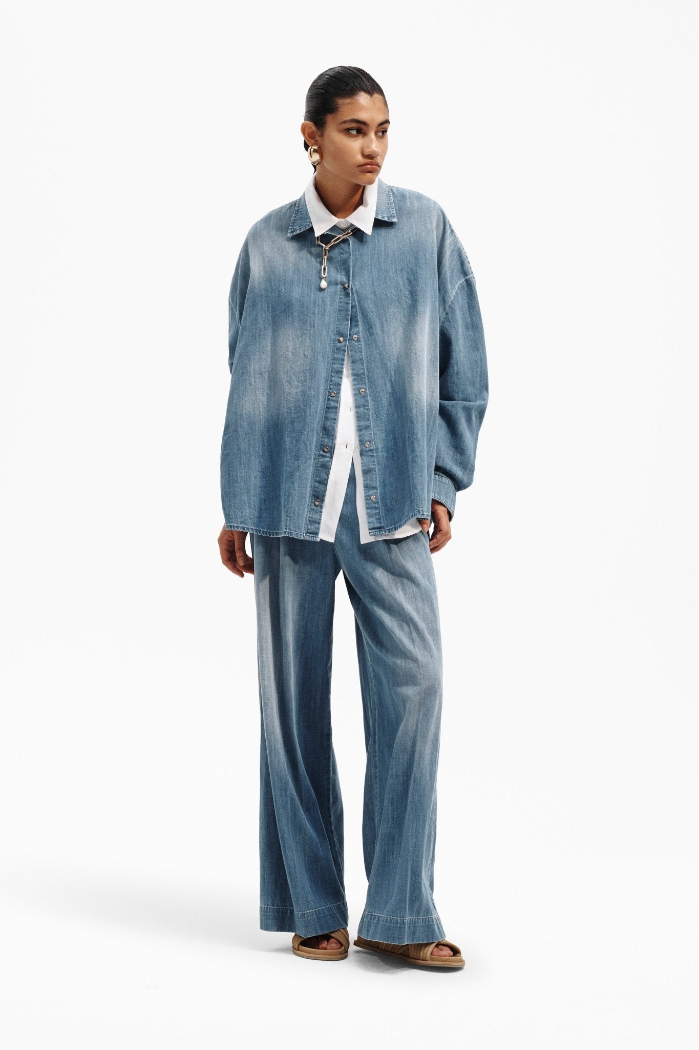 Pantalone Wide Leg in Denim Lavato - Caractère