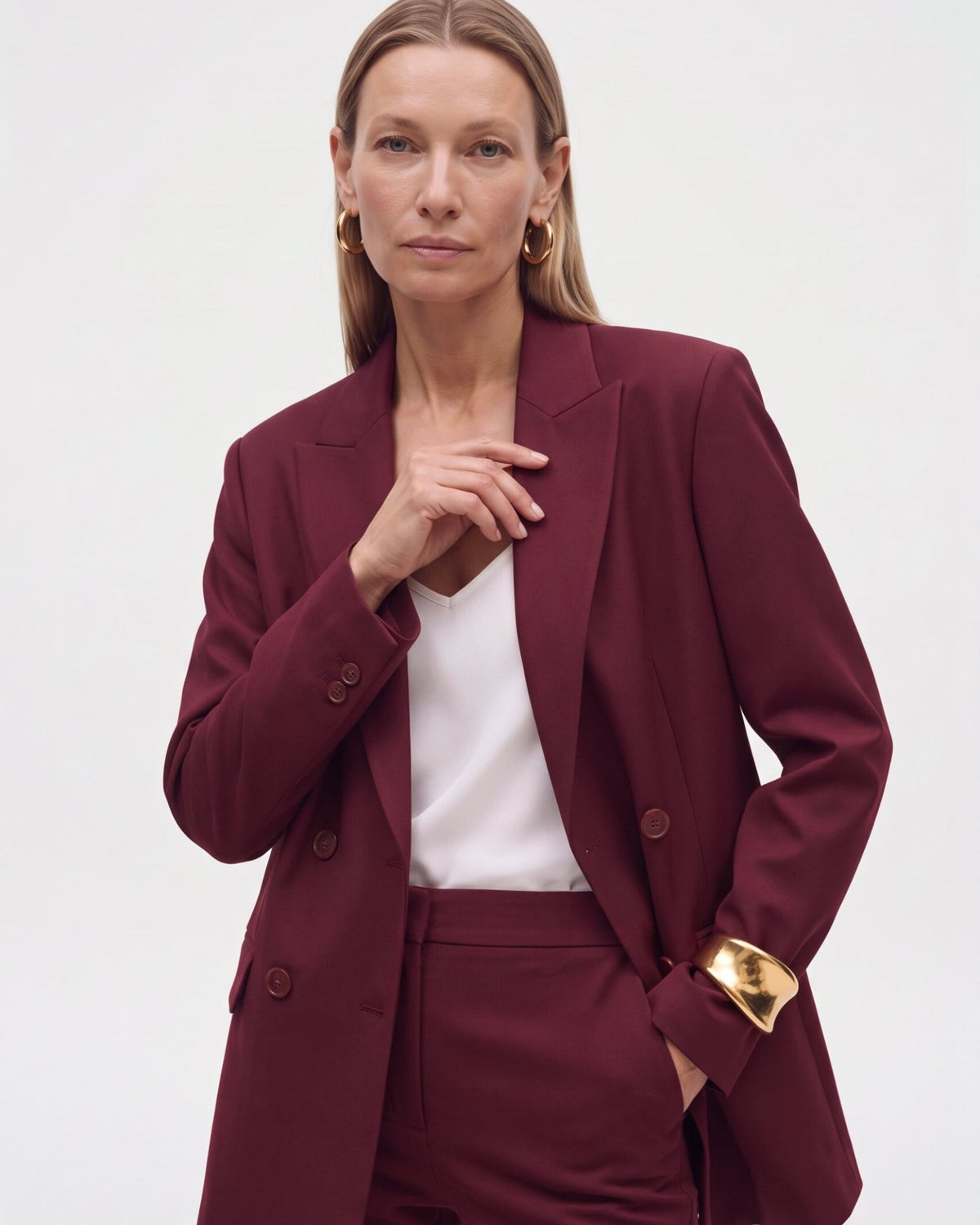 Tailleur in cotone stretch blazer doppiopetto collo a lancia e pantalone trombetta - Caractère