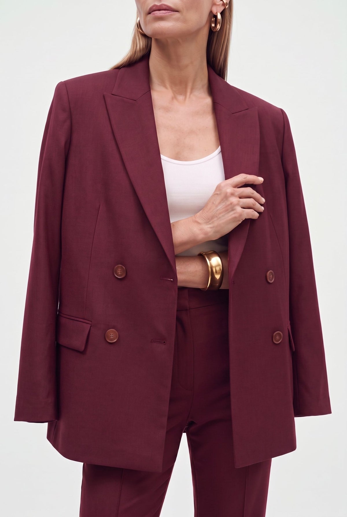 Tailleur in cotone stretch blazer doppiopetto collo a lancia e pantalone trombetta - Caractère