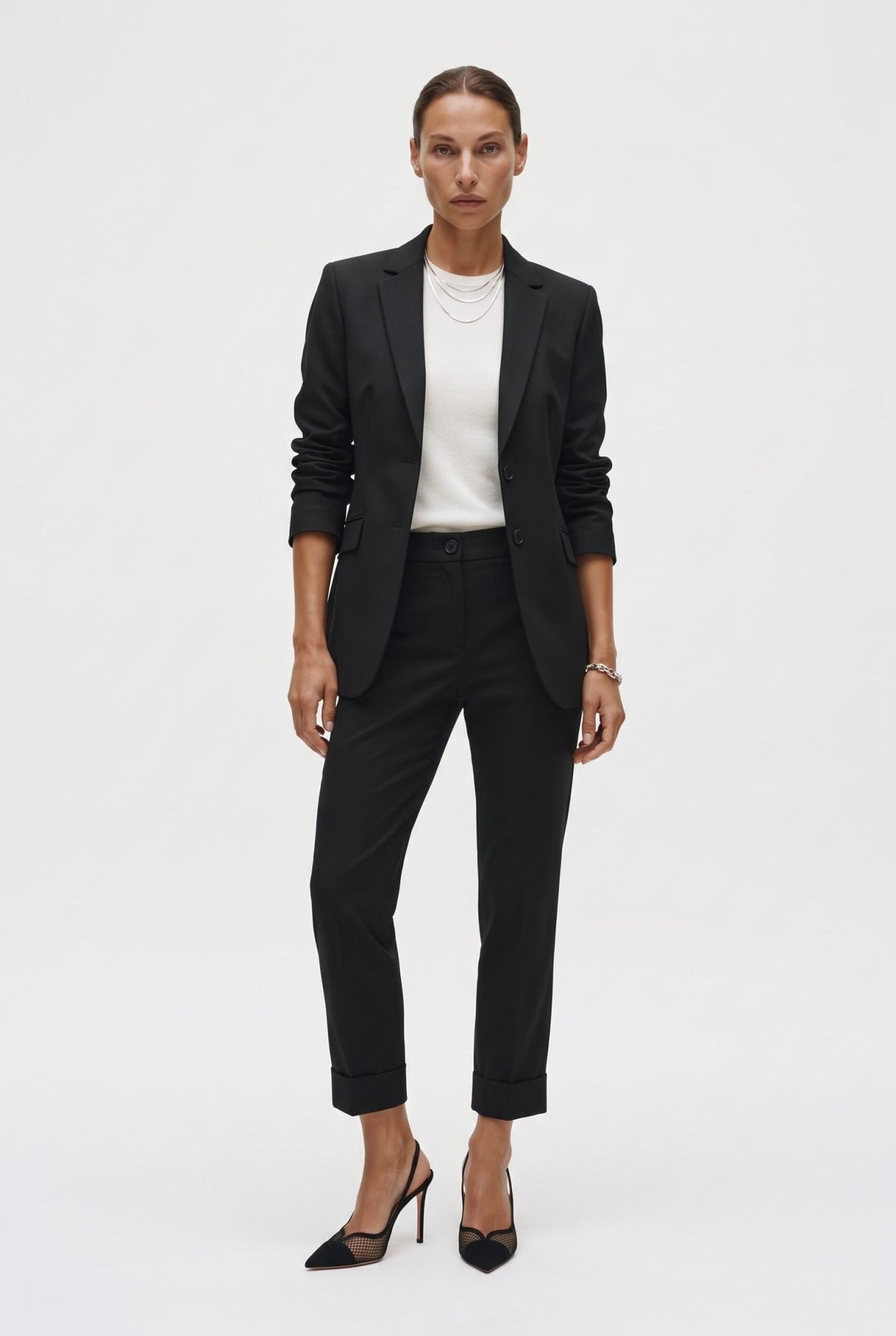 Tailleur in cotone stretch giacca monopetto e pantalone sigaretta con risvolto - Caractère
