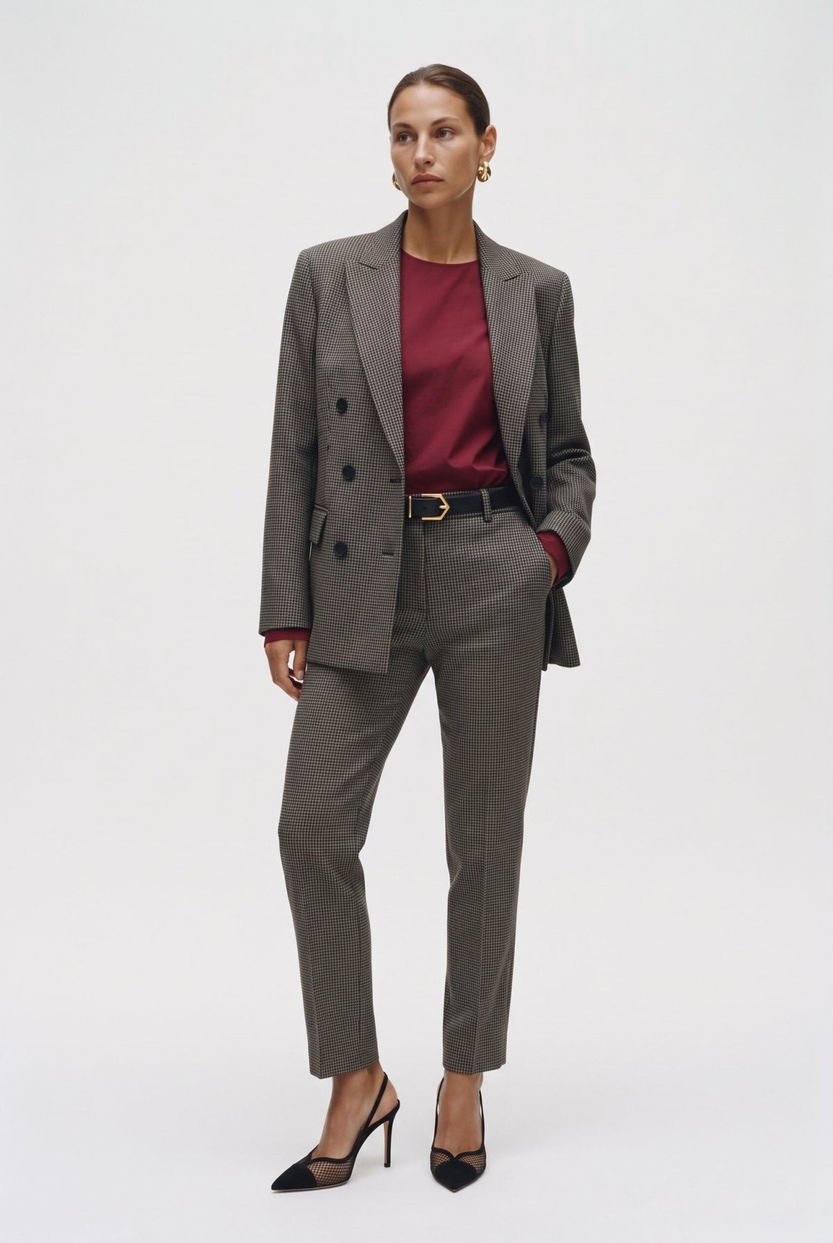 Tailleur in tela stretch fantasia blazer doppiopetto collo a lancia e pantalone a sigaretta - Caractère