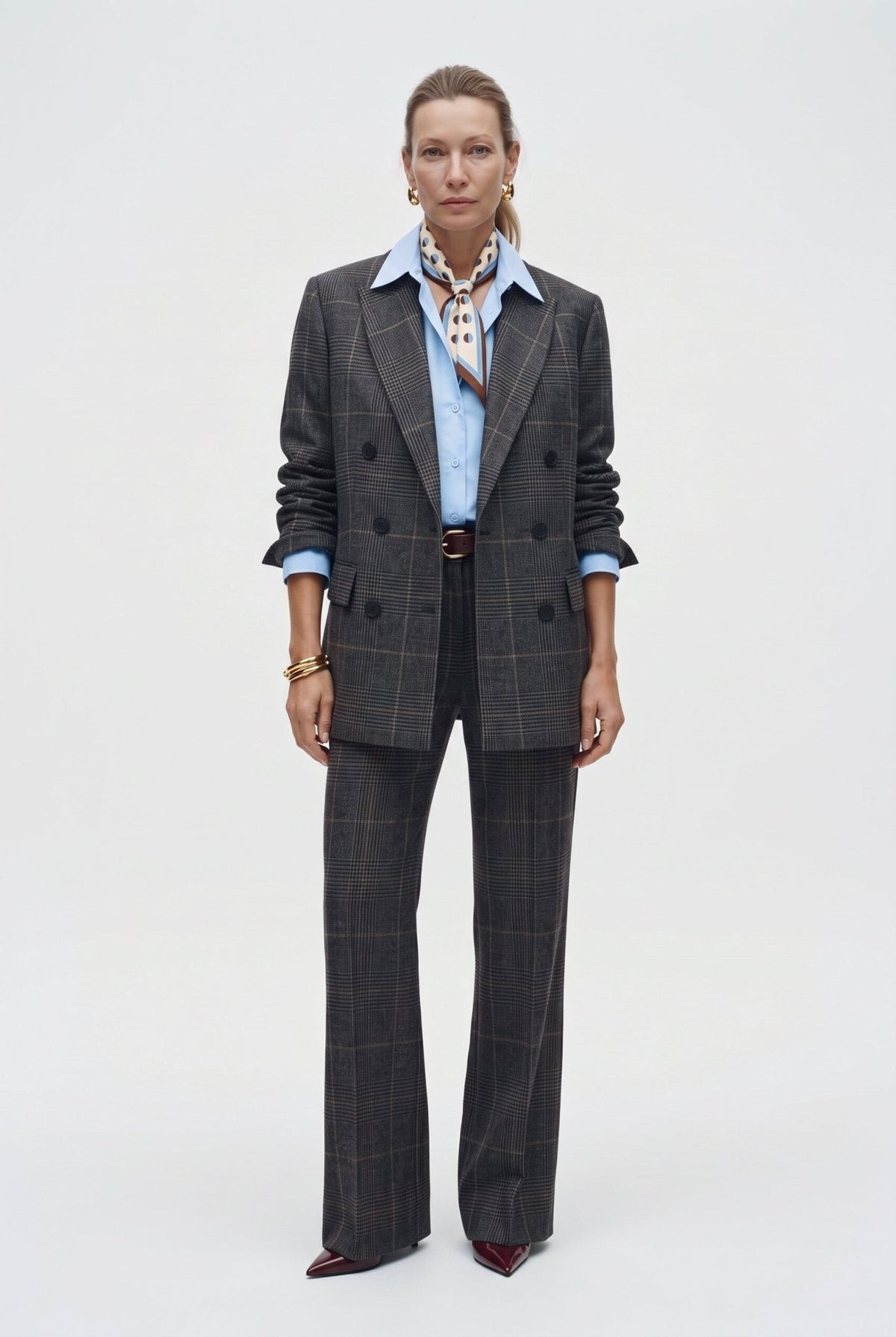 Tailleur in tela stretch fantasia blazer doppiopetto collo a lancia e pantalone dritto - Caractère