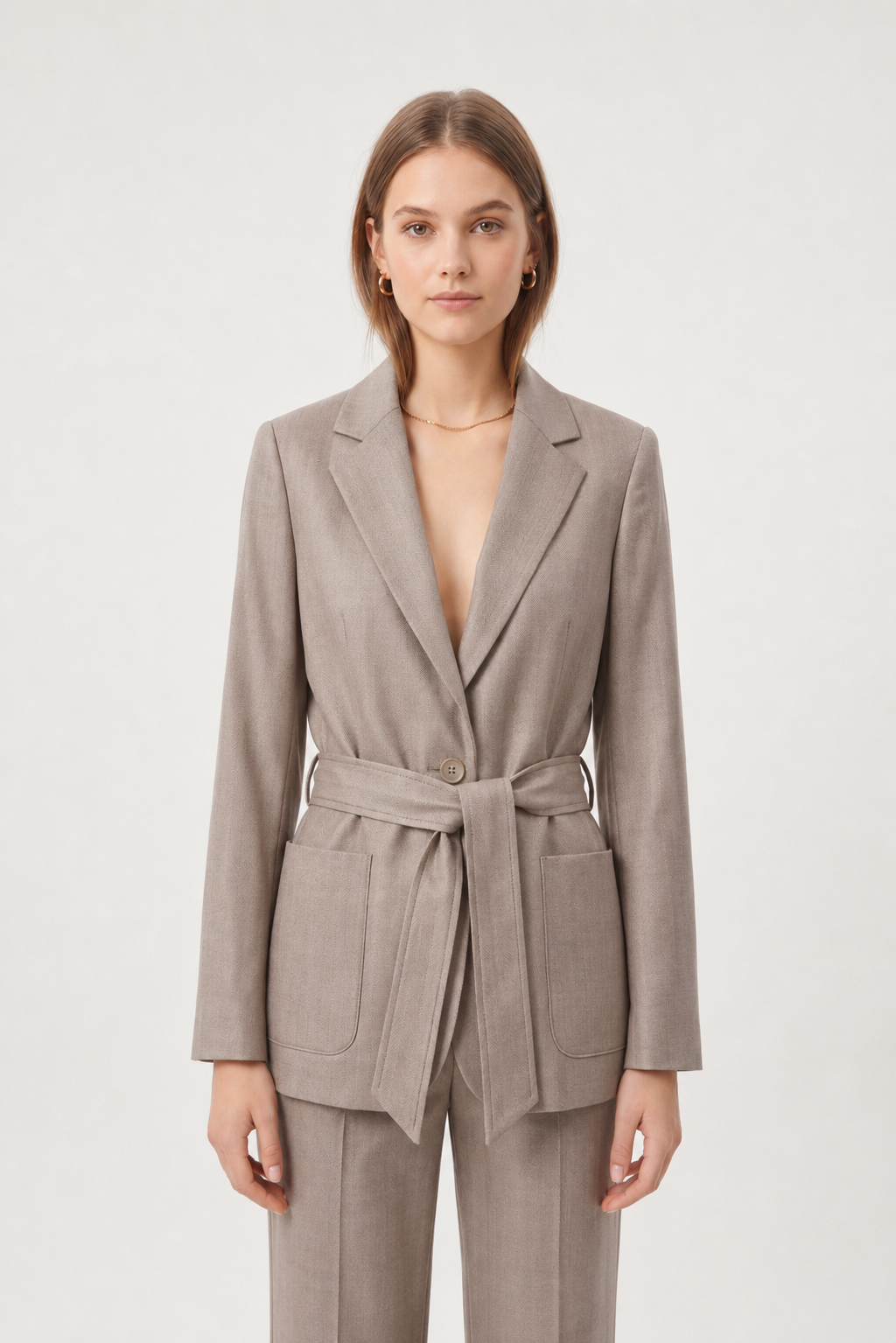 Tailleur Tortora Giacca con Cintura e Pantalone a palazzo