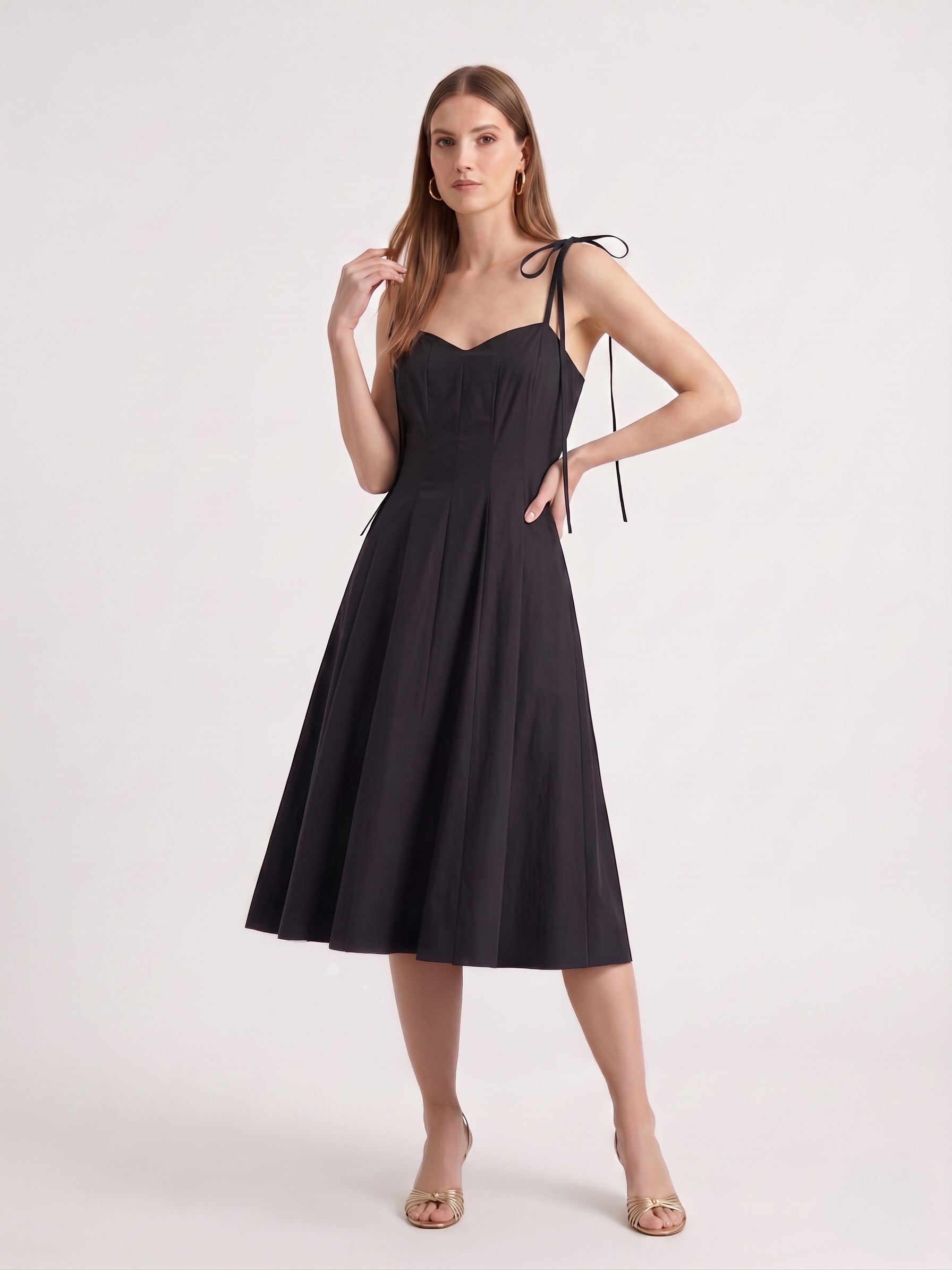 Abito midi con corpino a cuore e spalline con fiocco