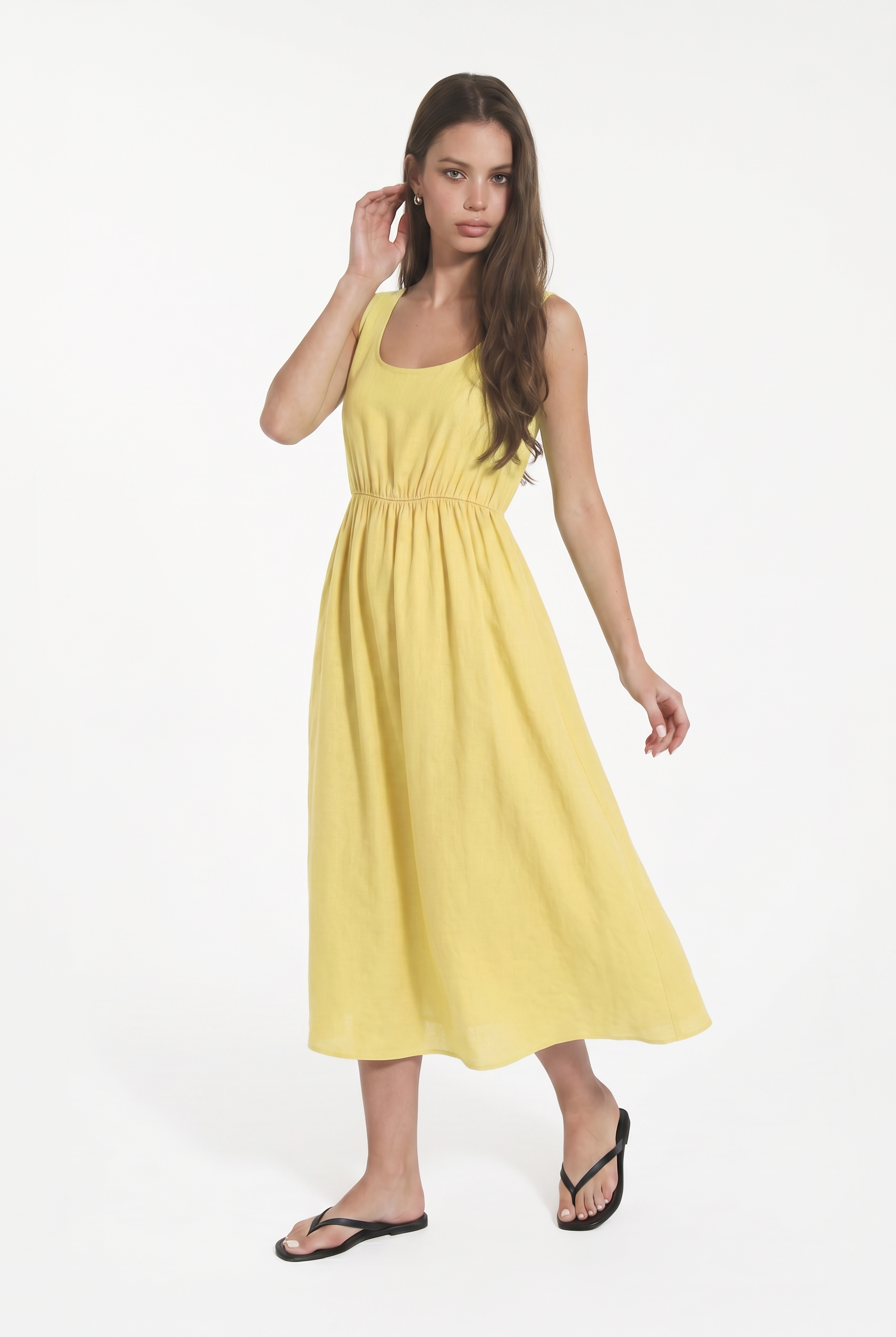 Abito Donna Midi in Misto Lino con Scollo Quadrato