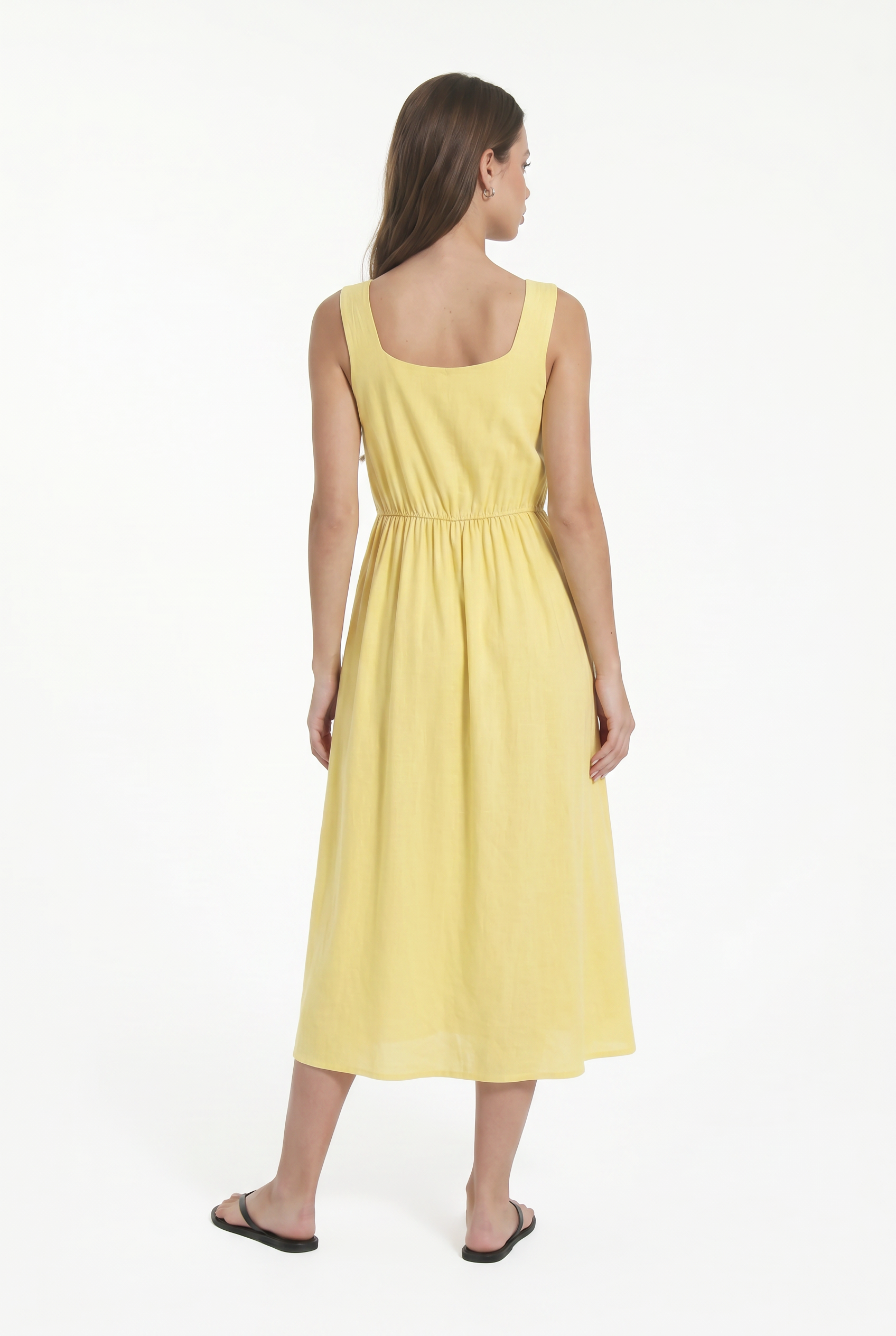 Abito Donna Midi in Misto Lino con Scollo Quadrato