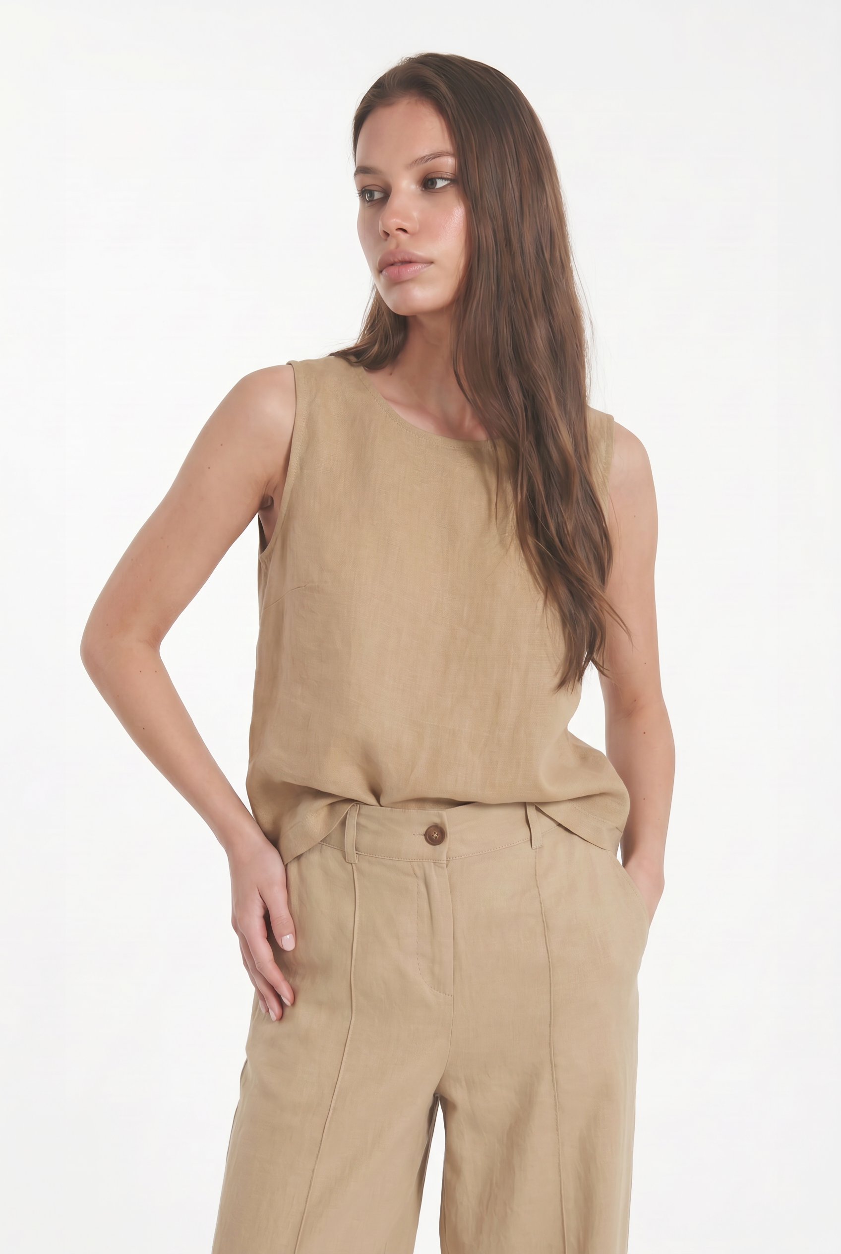 Top Smanicato in Misto Lino con Girocollo