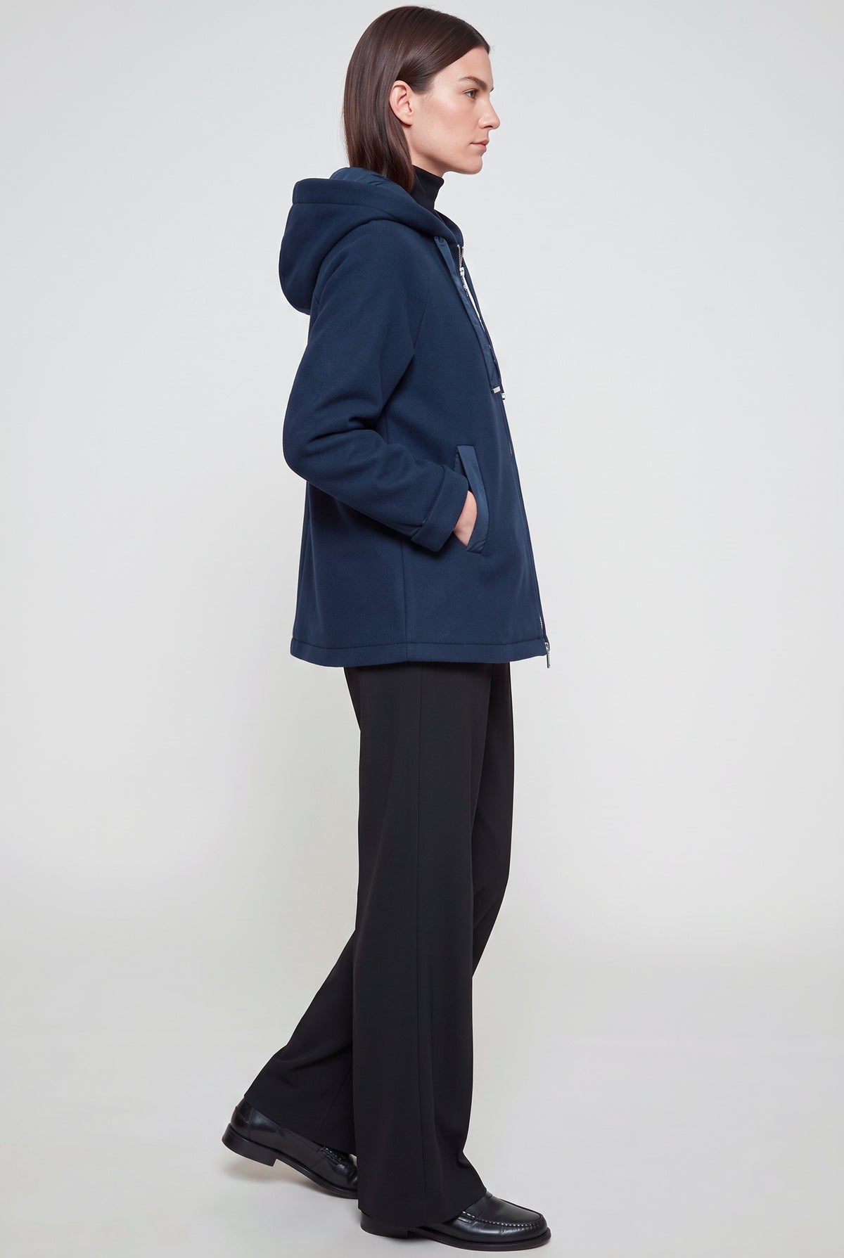 Giaccone in panno con cappuccio e zip