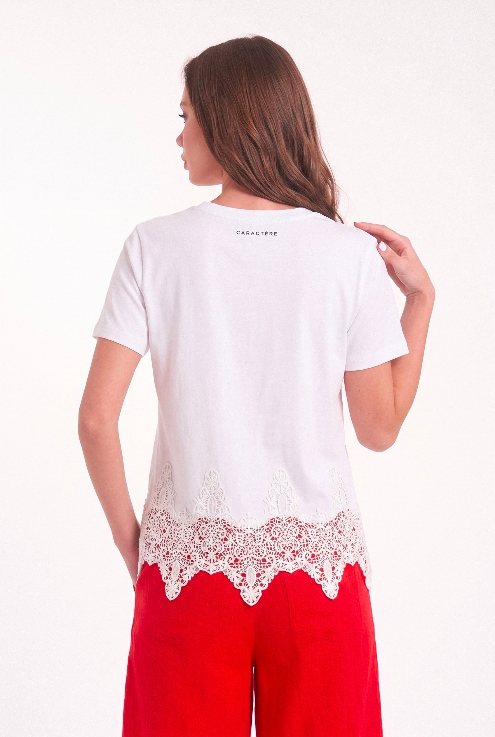 T-shirt girocollo in Jersey di Cotone con Pizzo