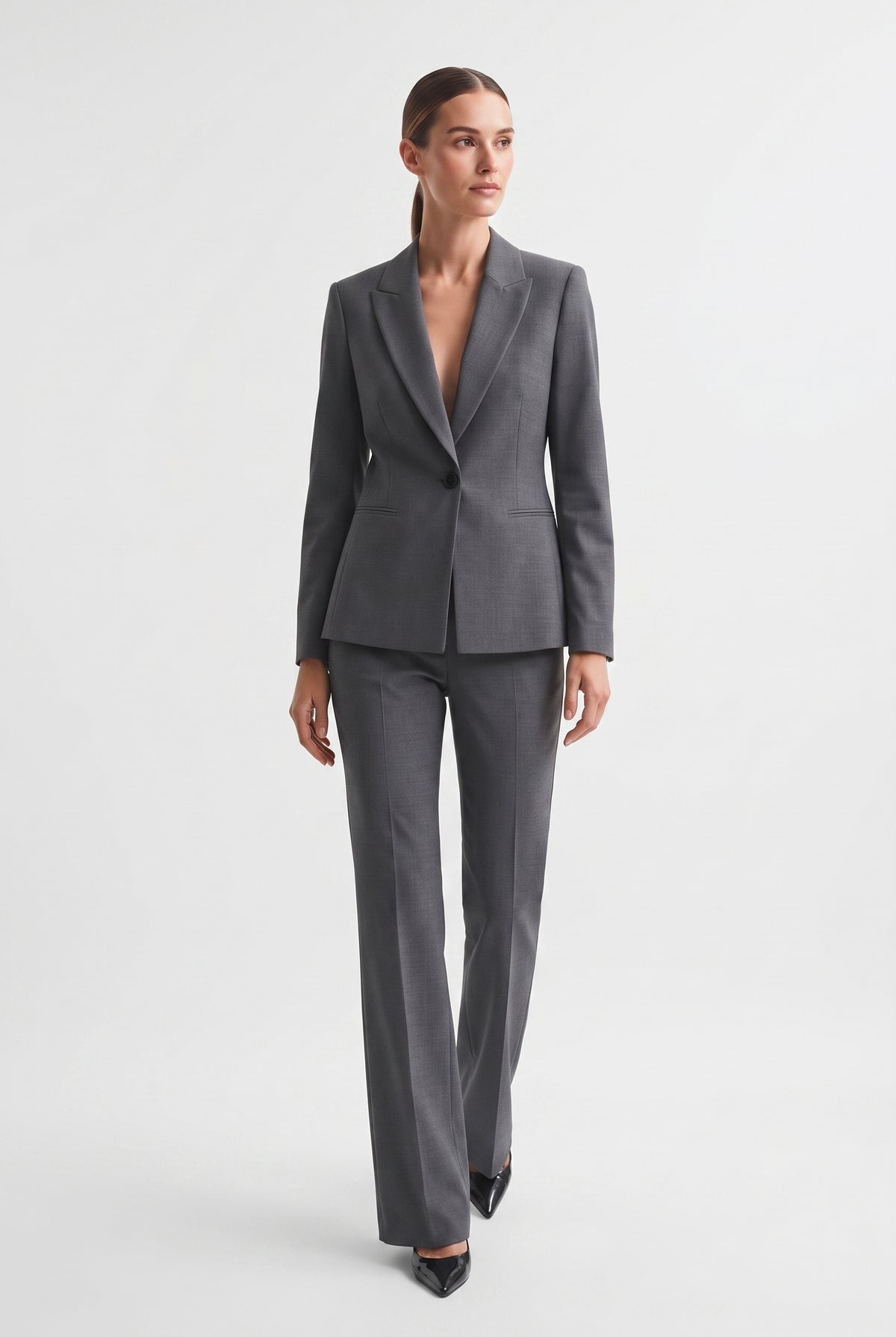 Tailleur in Tela Stretch Giacca Monopetto e Pantalone a Gamba Ampia Grigio
