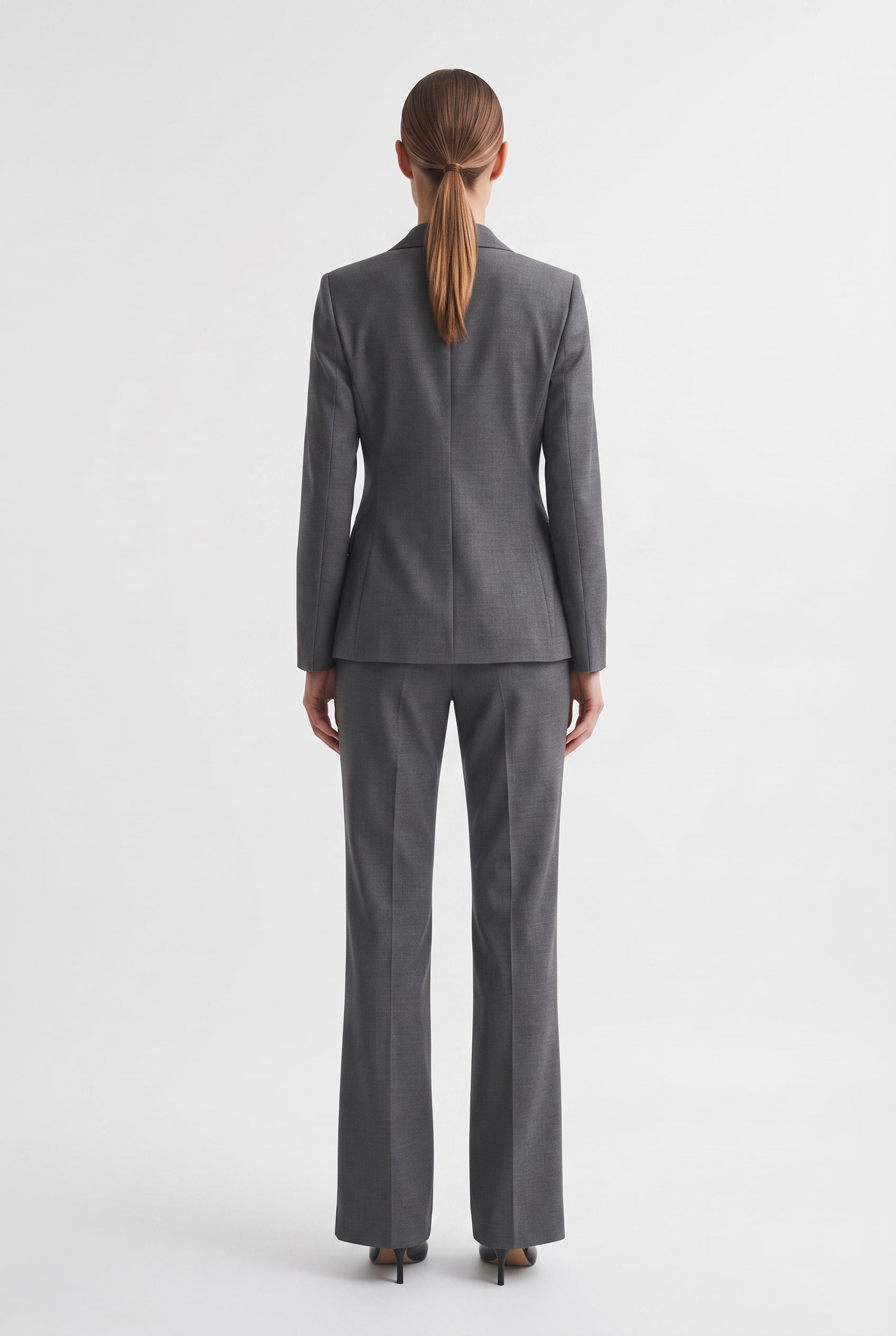 Tailleur in Tela Stretch Giacca Monopetto e Pantalone a Gamba Ampia Grigio