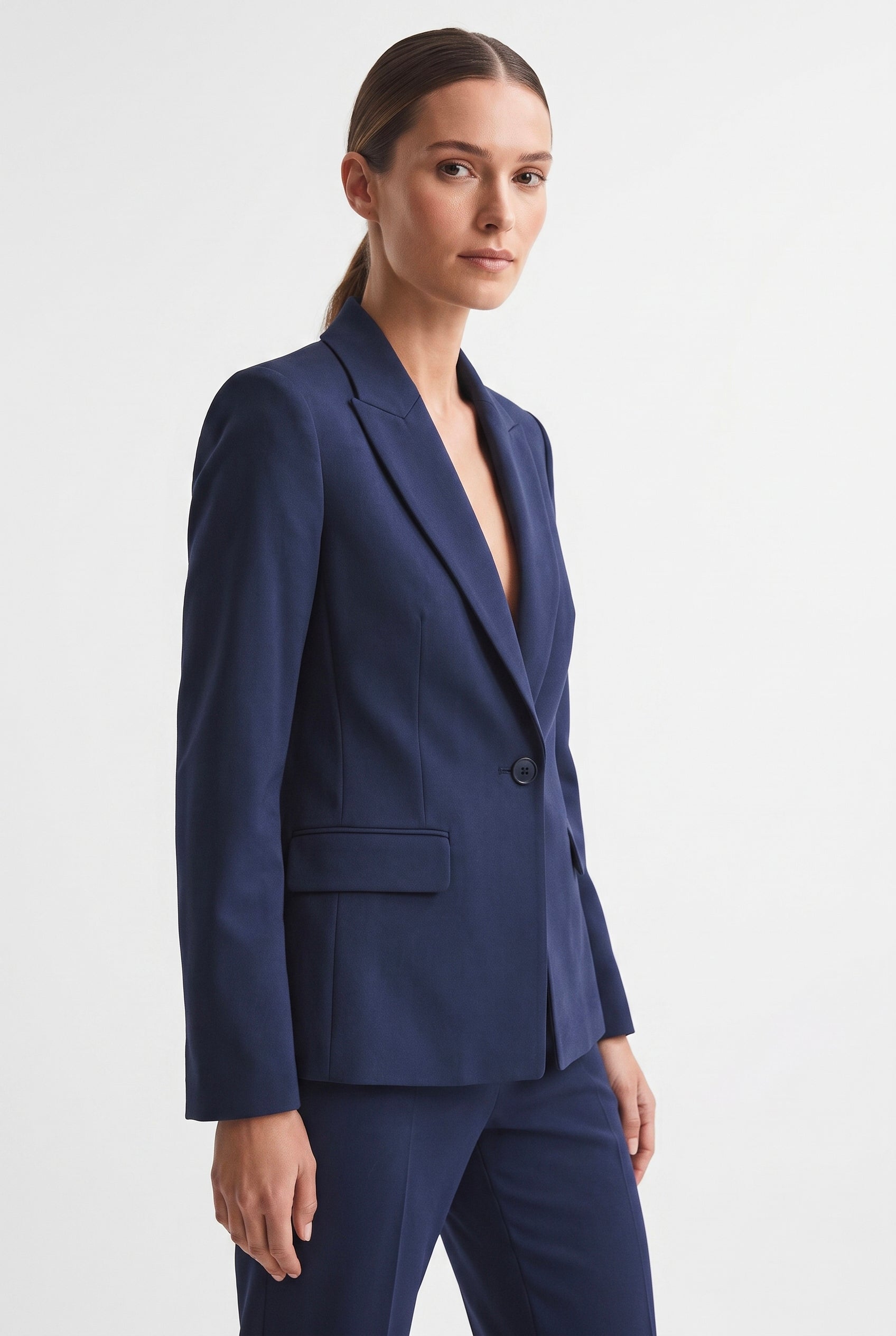 Tailleur in Tela Stretch Giacca Monopetto e Pantalone a Gamba Ampia Blu