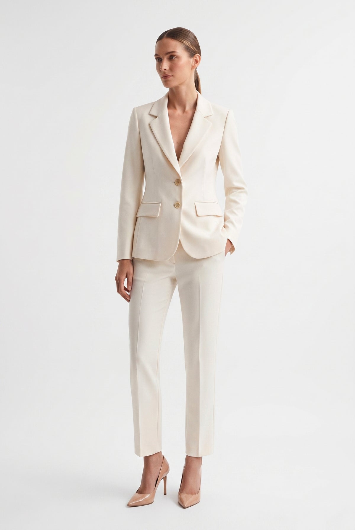 Tailleur Punto Milano Giacca Monopetto e Pantalone a Sigaretta Latte
