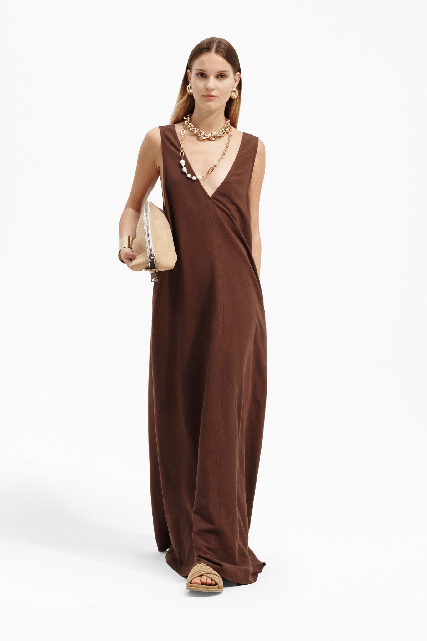 Abito Lungo in Viscosa e Lino con Scollo a V - Caractère