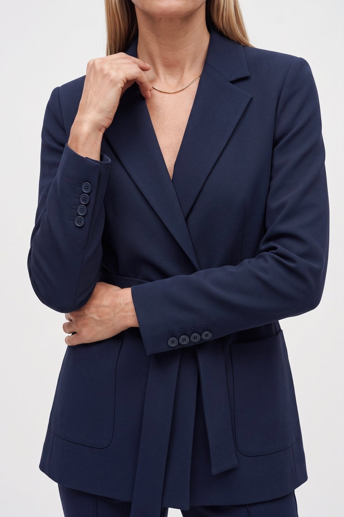 Tailleur in jersey punto Milano blazer con cintura e pantalone flare blu - Caractère