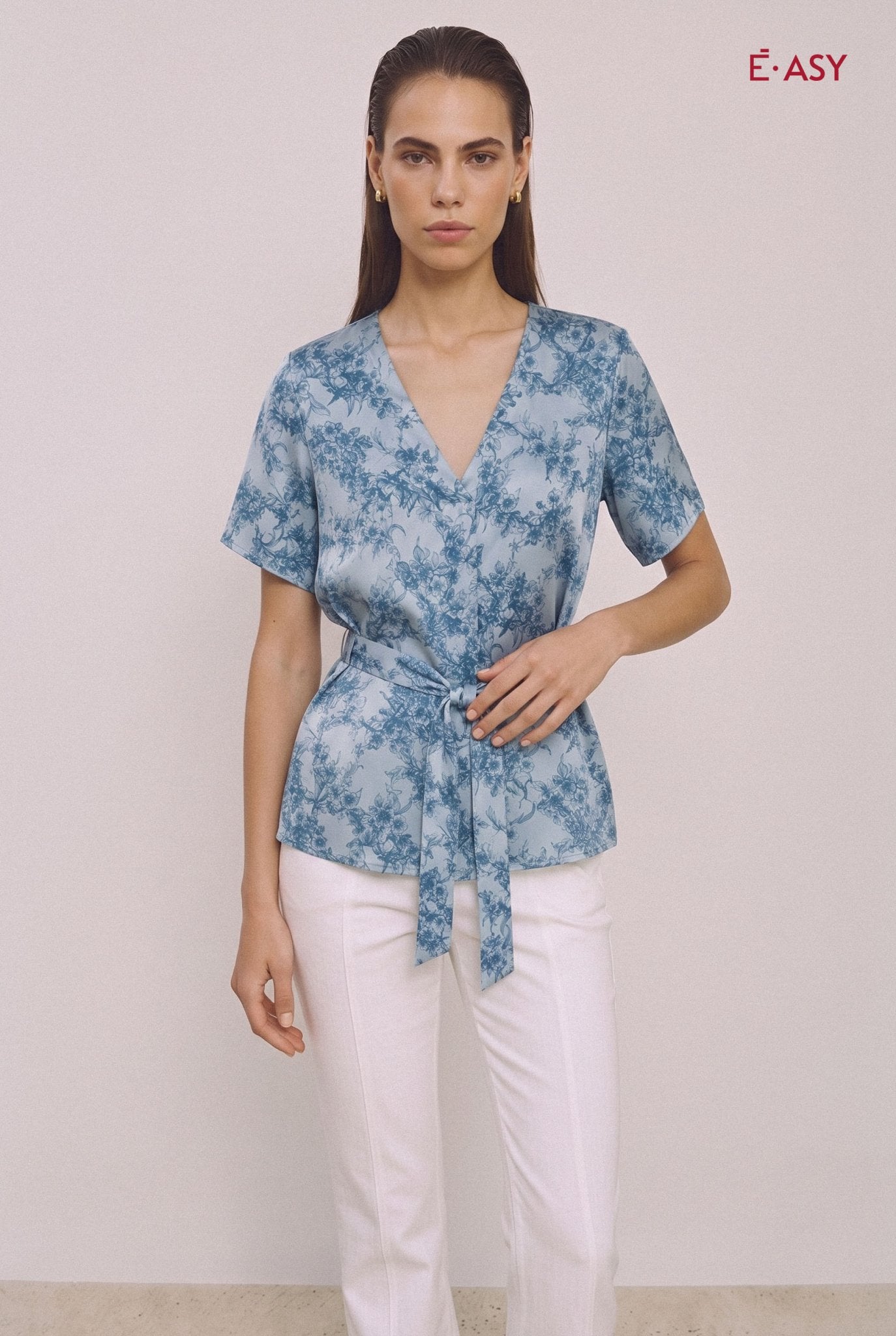 Blusa Donna Floreale con Scollo a V e Maniche Corte - Caractère