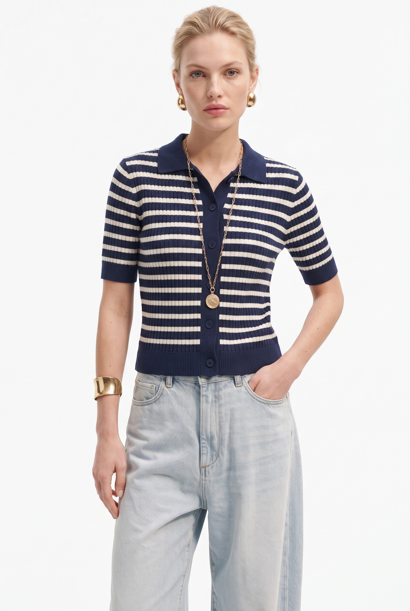 Maglia Donna Polo a Righe in Viscosa a Costine con Bottoni – Senza Tempo