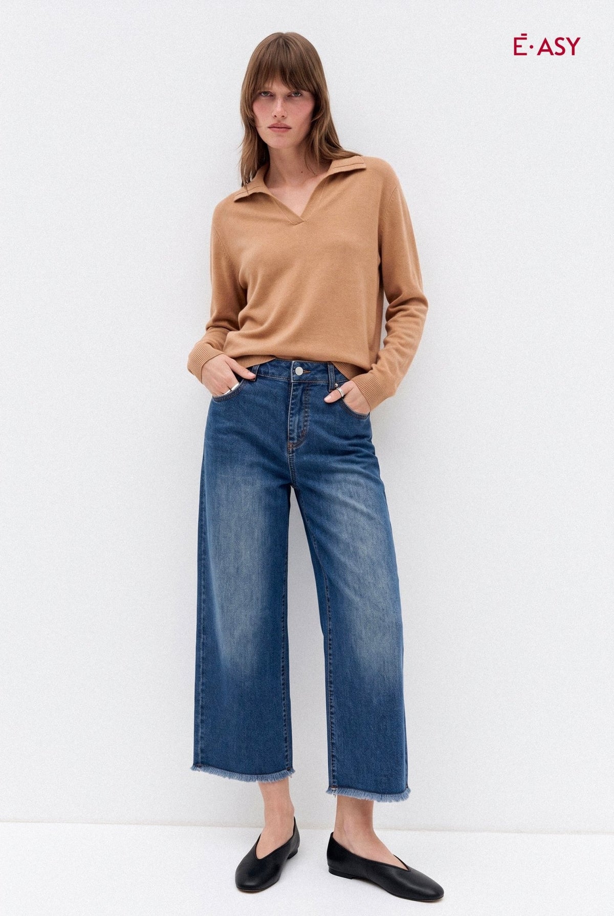 Jeans Cropped a Gamba Ampia in Denim - Caractère