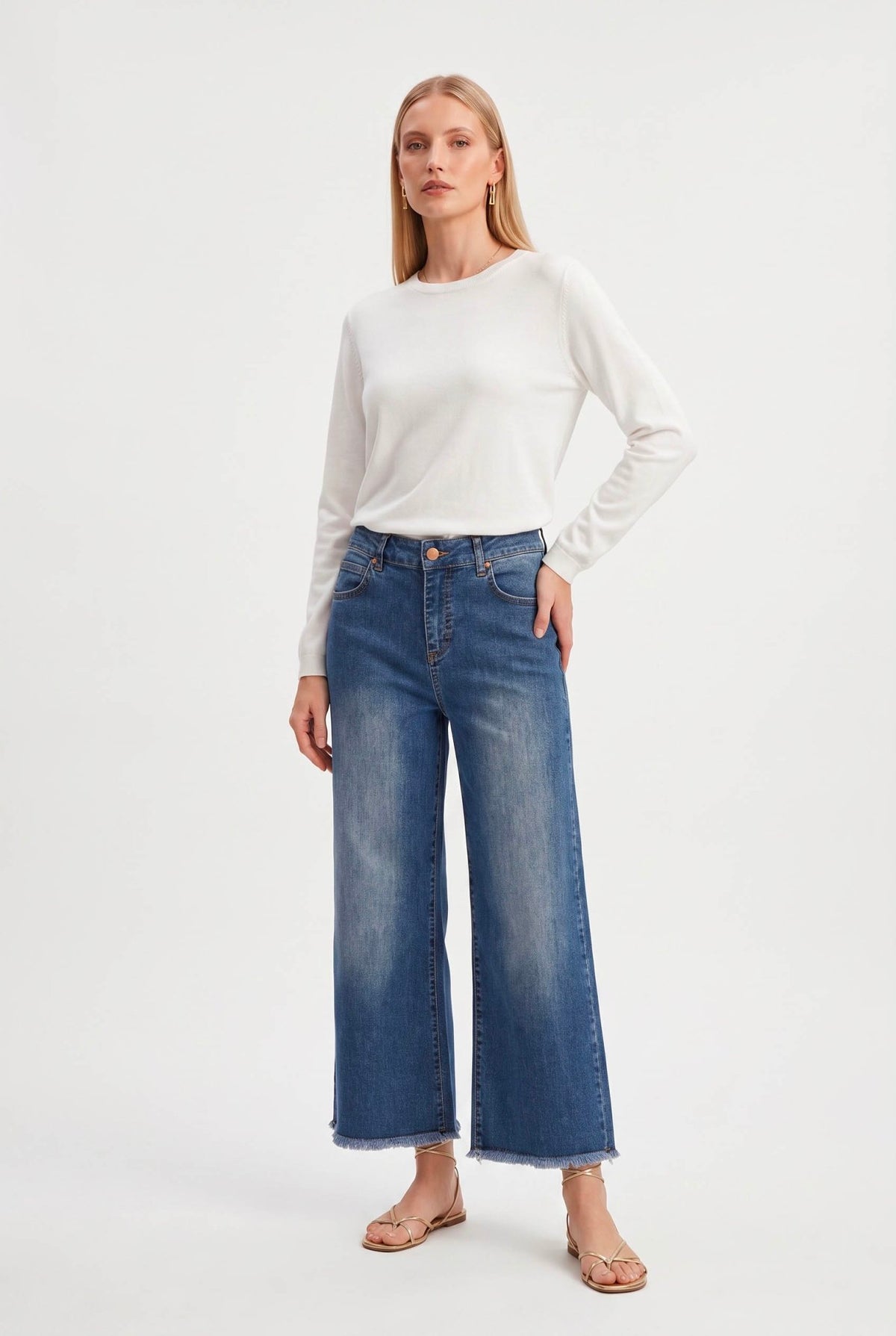 Jeans Cropped a Gamba Ampia in Denim - Caractère