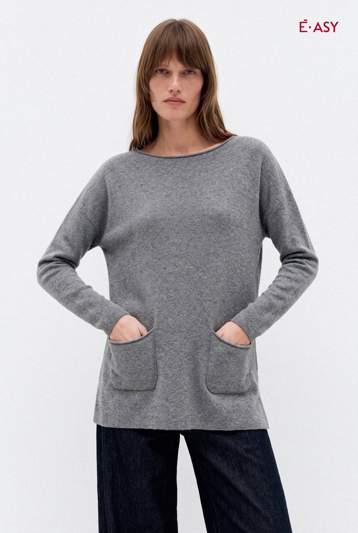 Maglione grigio girocollo con tasche applicate - Caractère