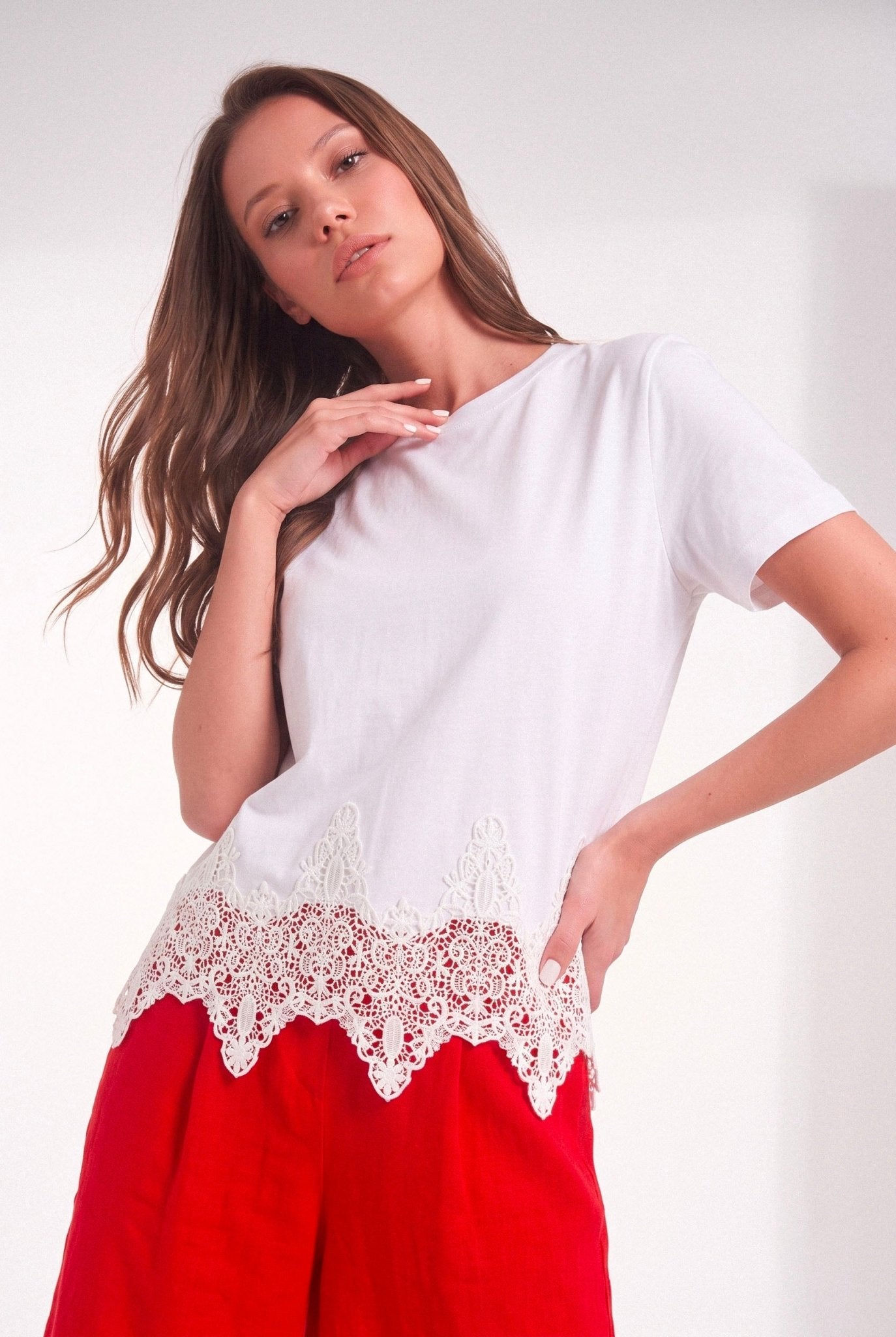 T-shirt girocollo in Jersey di Cotone con Pizzo - Caractère