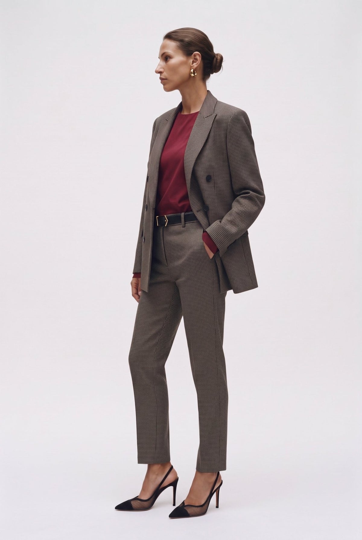 Tailleur in tela stretch fantasia blazer doppiopetto collo a lancia e pantalone a sigaretta - Caractère