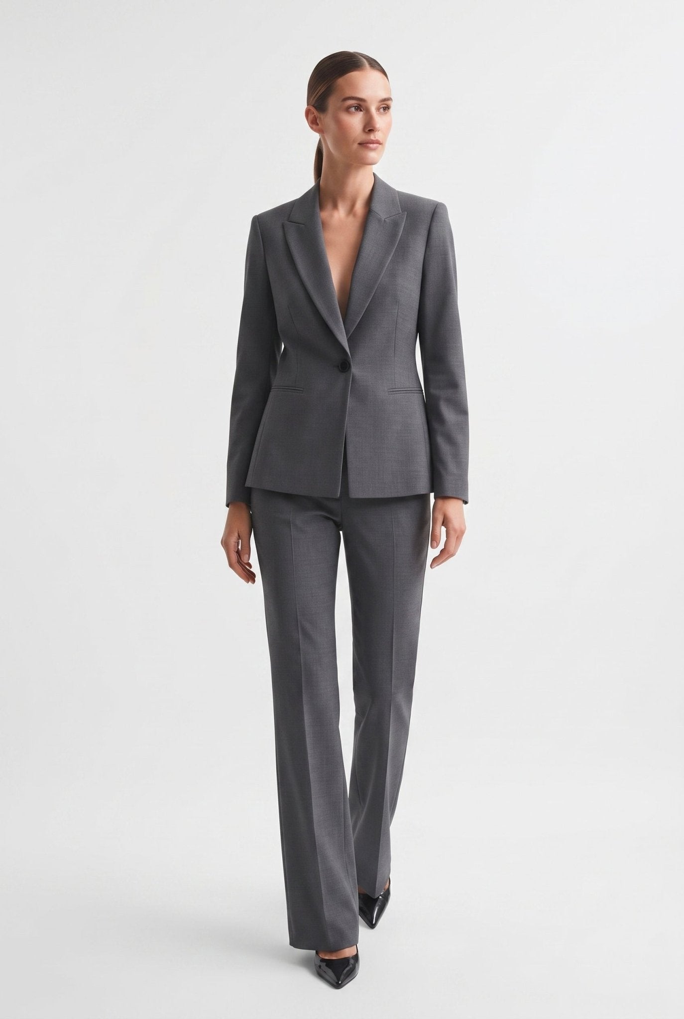 Tailleur in Tela Stretch Giacca Monopetto e Pantalone a Gamba Ampia Grigio - Caractère